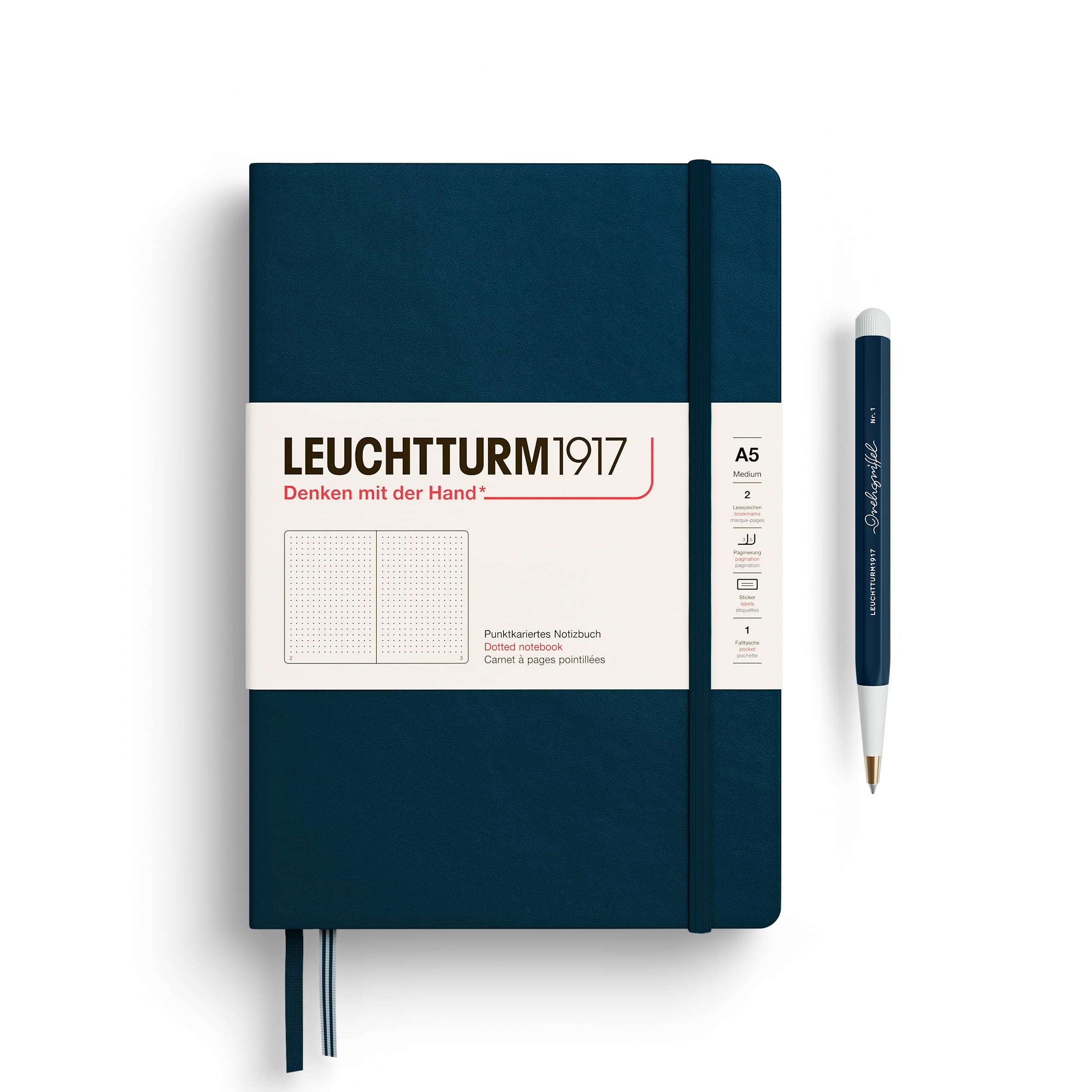 LEUCHTTURM1917 372189 Notebook Medium (A5), Hardcover, 251 Numbered Pages, Deep Sea, Dotted