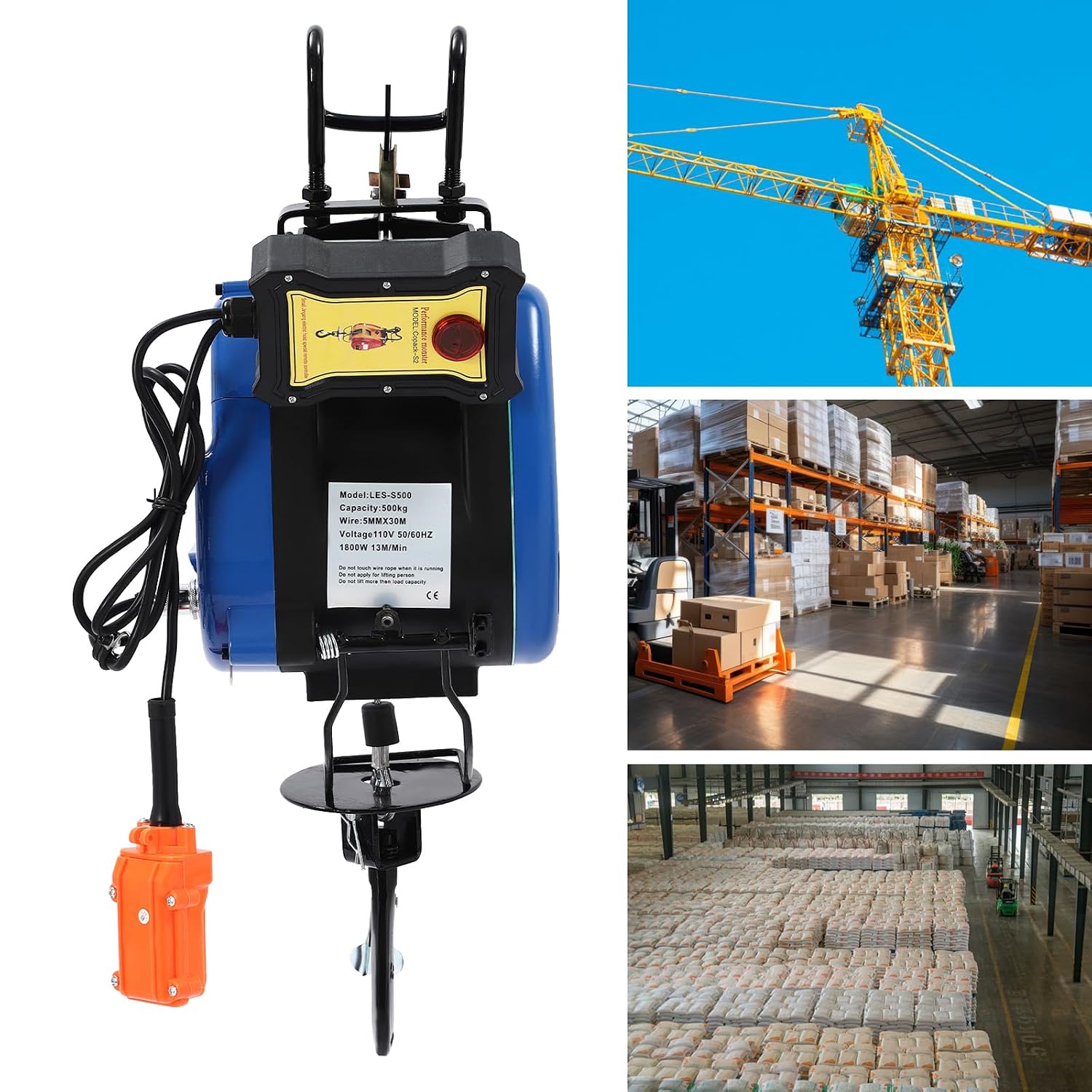 Electric Hoist, 1100Lbs Electric Winch, 42.65ft/min Electric Hoist Winch, with Wire Control & Wireless Remote Control, for Goods Lifting, Automobile Manufacturing Plants, Stage Construction