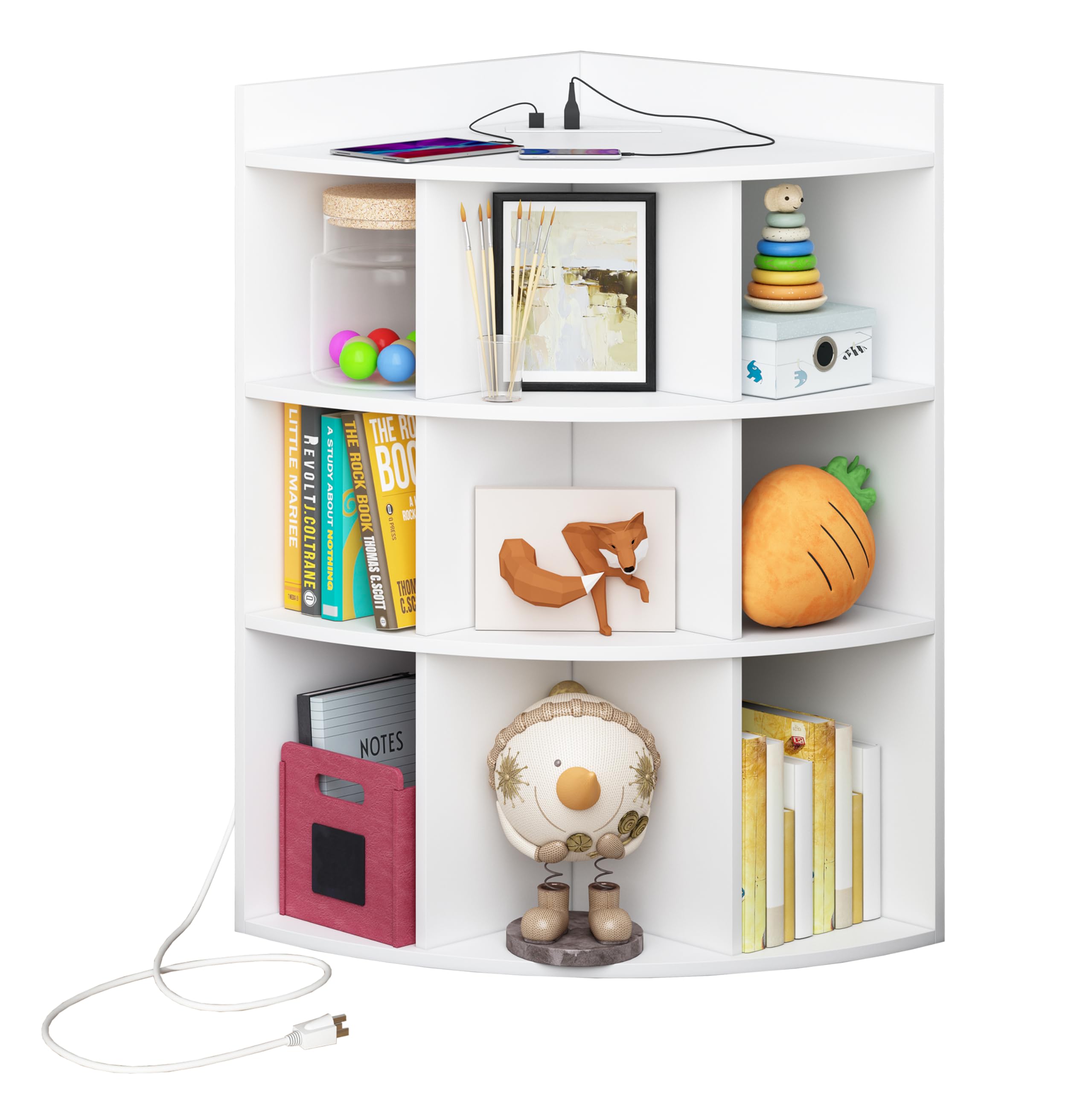 Corner Cabinet with Charging Station, Corner Storage with USB and Outlets, Wooden Corner Bookshelf, Corner Display Cabinet with 9 Cubes for Bedroom, Living Room and Small Space, White