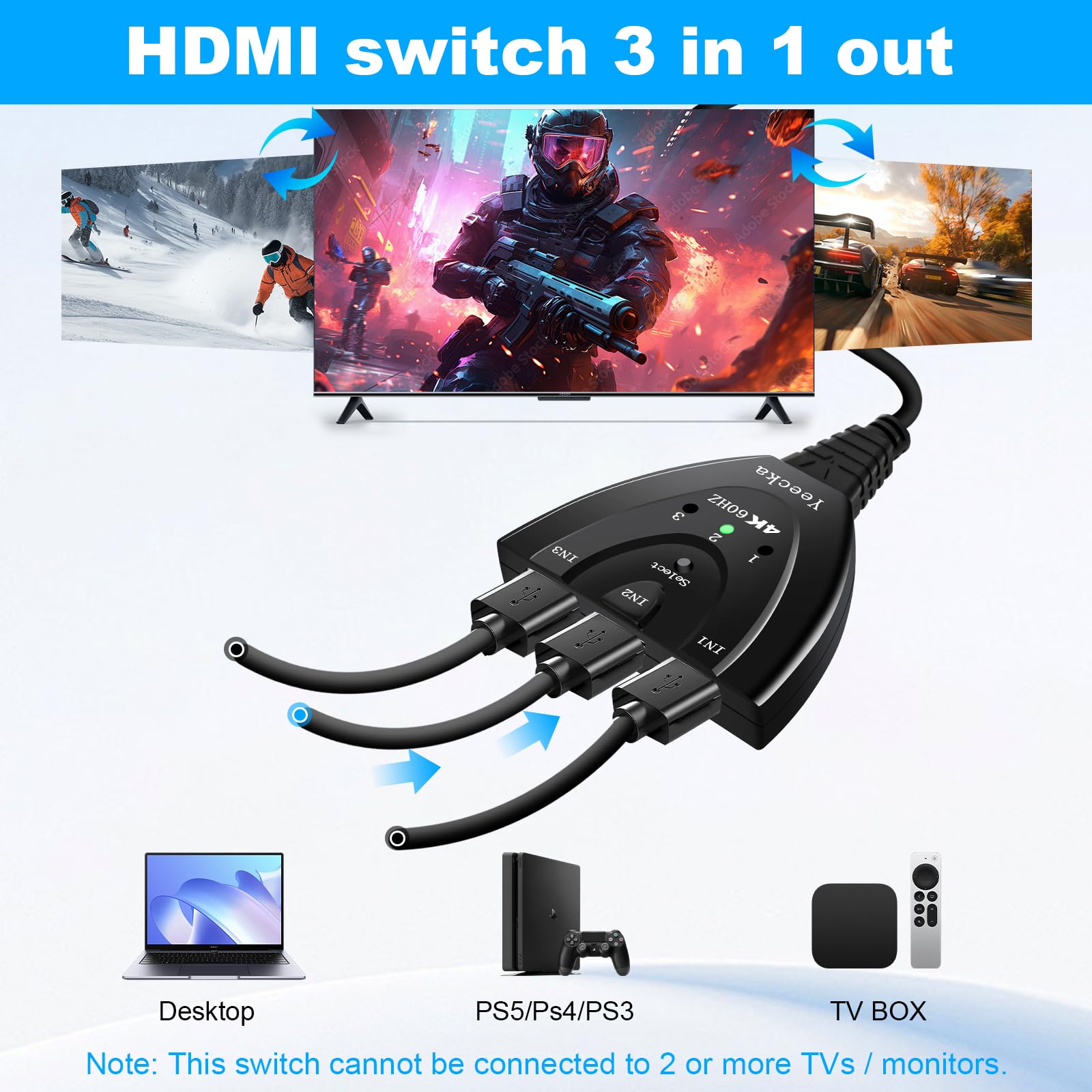 Yeecka Sdoppiatore HDMI Bidirezionale 4K 60Hz Sdoppiatore HDMI Alluminio Switch Splitter 3 in 1 Out, Supporta 4K 3D 1080P UHD HDCP 2.2 Splitter Per TV/Blu-ray/Firestick/Xbox/PS3/4/5-Plata