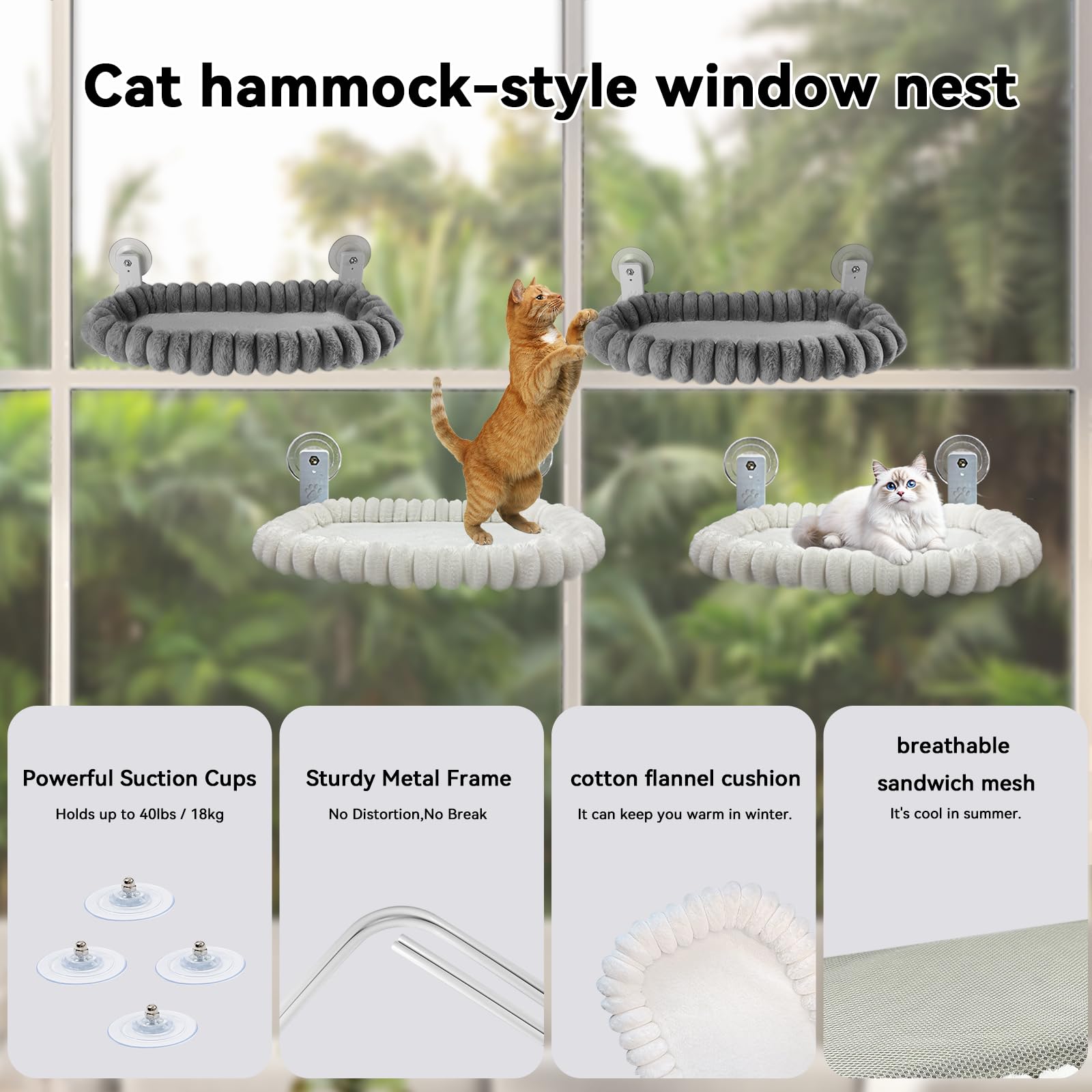 CareCooo Amaca per Gatti da Finestra, Lettino per Gatti con Ventose, Cuccia Gatto Finestra Pieghevole, Morbido Cuscino Lavabile per Riposo e Vista Panoramica, Resistente fino a 18 kg, 52x30cm, Grigio