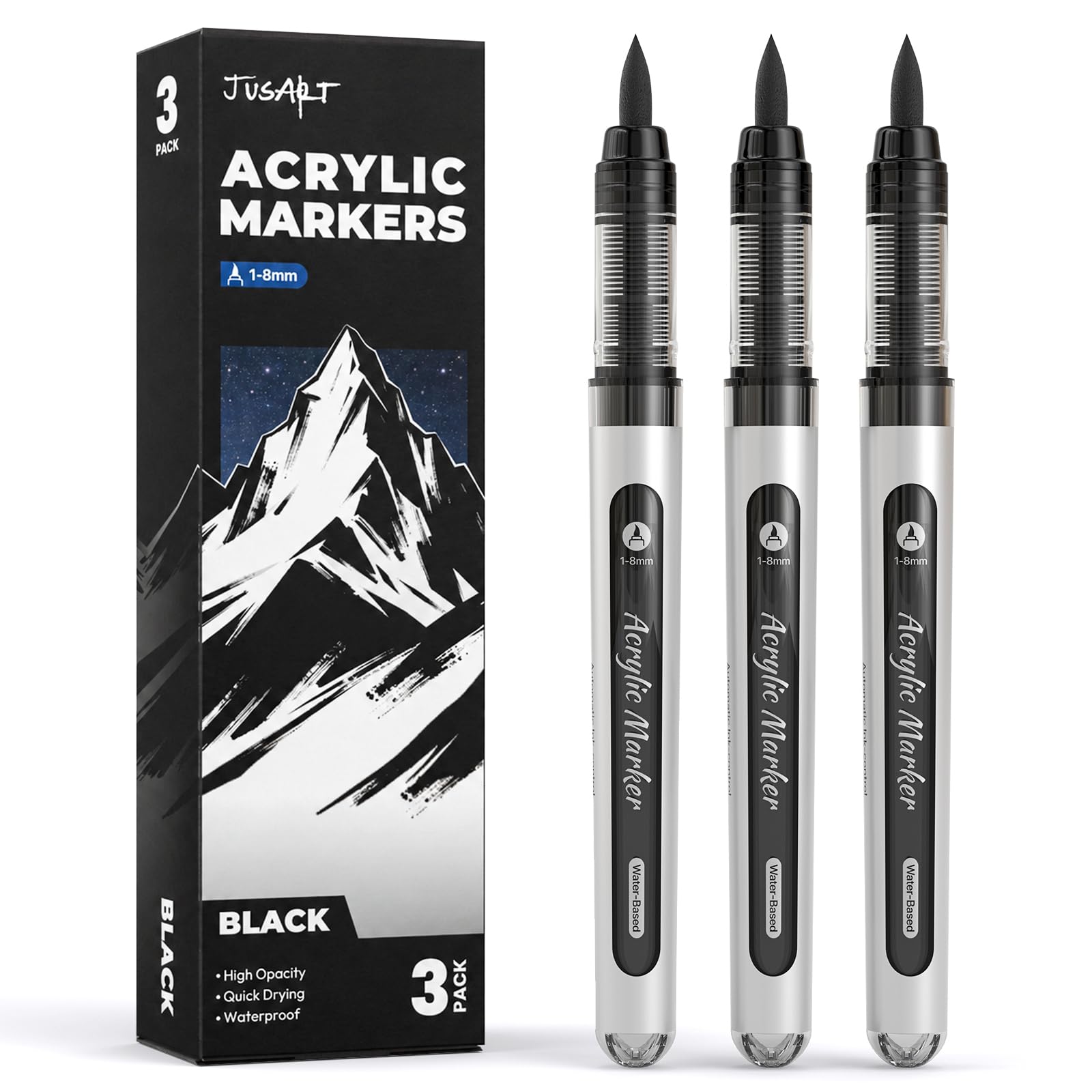 3 Black Acrylic Paint Markers Brush Tip, Automatic Ink Control