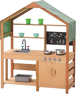 VEVORMud Kitchen for Kids, Wooden Toy Play Kitchen Set with Accessories, Outdoor Toddler Grocery Store Playset, Pretend Play Kitchen with Stoves, Planter Boxes, Sink, Faucet, Blackboard, Cookware Pot
