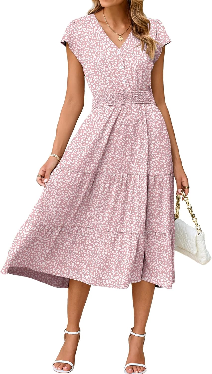 BerryGo Women's Floral Boho Ruffle Summer Midi Dress Short Sleeve V Neck Empire Waist Swing Flowy Dress