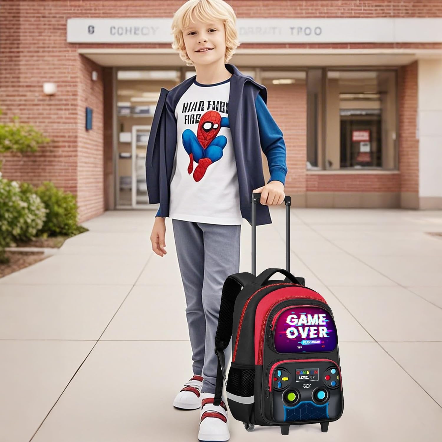 Boys Rolling Backpack for Kids - Gamer Boys Rolling Backpack with Wheels, Multifunctional Wheeled Bookbag for Elementary Middle School, Lightweight Travel Roller Bag