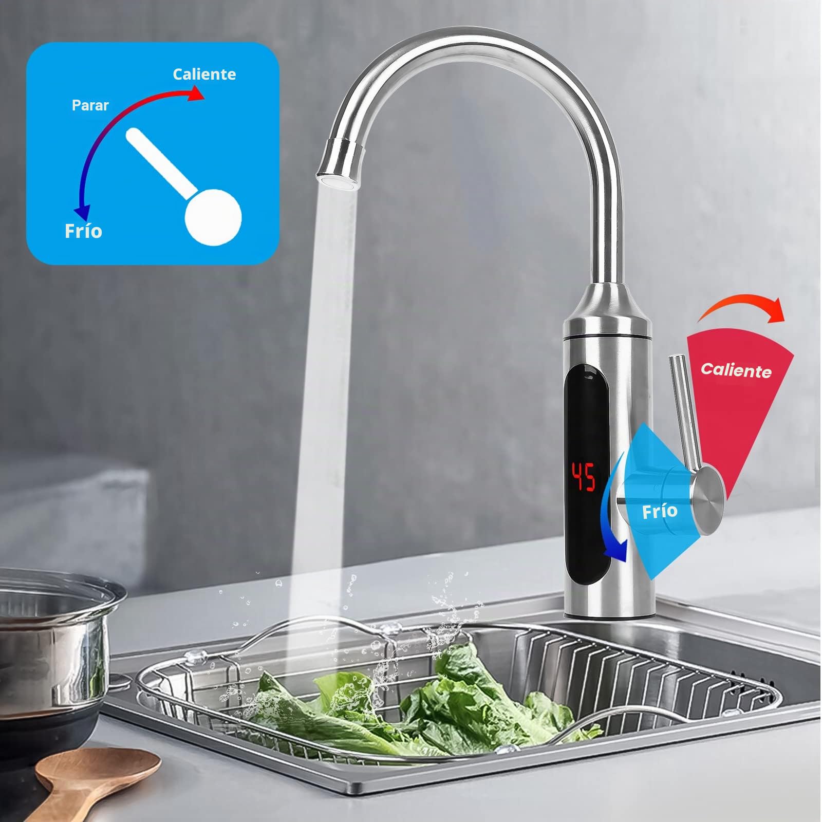 Grifo eléctrico con calentador de agua instantáneo (230 V, pantalla LCD, rotación de 360°, con calentador de agua instantáneo para cocina)