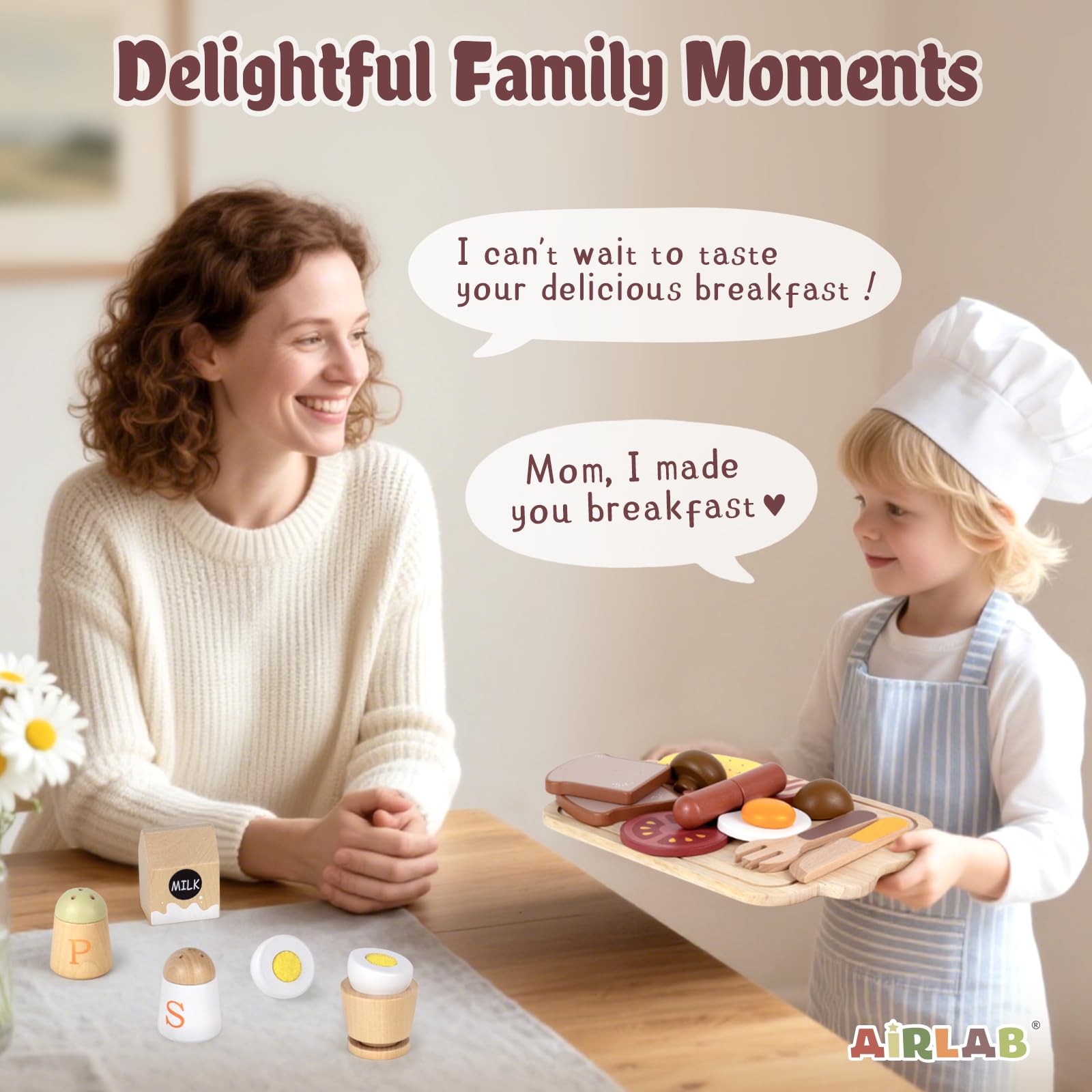 Airlab Jouet en Bois Petit-déjeuner pour Dinette Enfant, Jeux Ustensile Accessoire Cuisine Bois Enfant avec Couteau Aliment Nourriture, Kit Cadeau Anniversaire Pâques Halloween Noël Garçon Fille Bébé