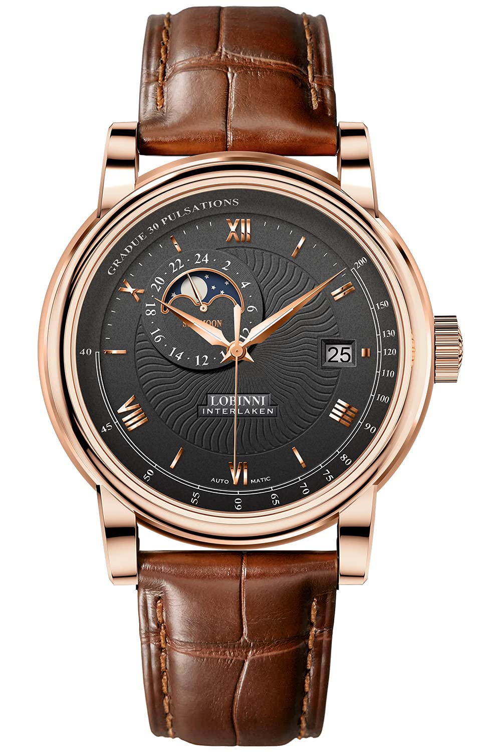 Orologio Uomo Automatico LOBINNI - Meccanico Con Fasi Lunari E Riserva Di Carica, Pelle