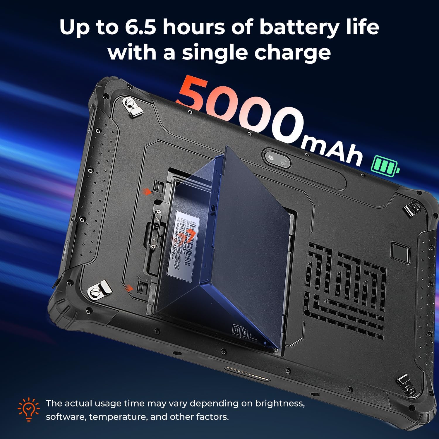 ക്ലോസ് അപ്പ് view of the MUNBYN IRT12 tablet's back, showing the removable 5000mAh battery compartment and the battery being inserted.