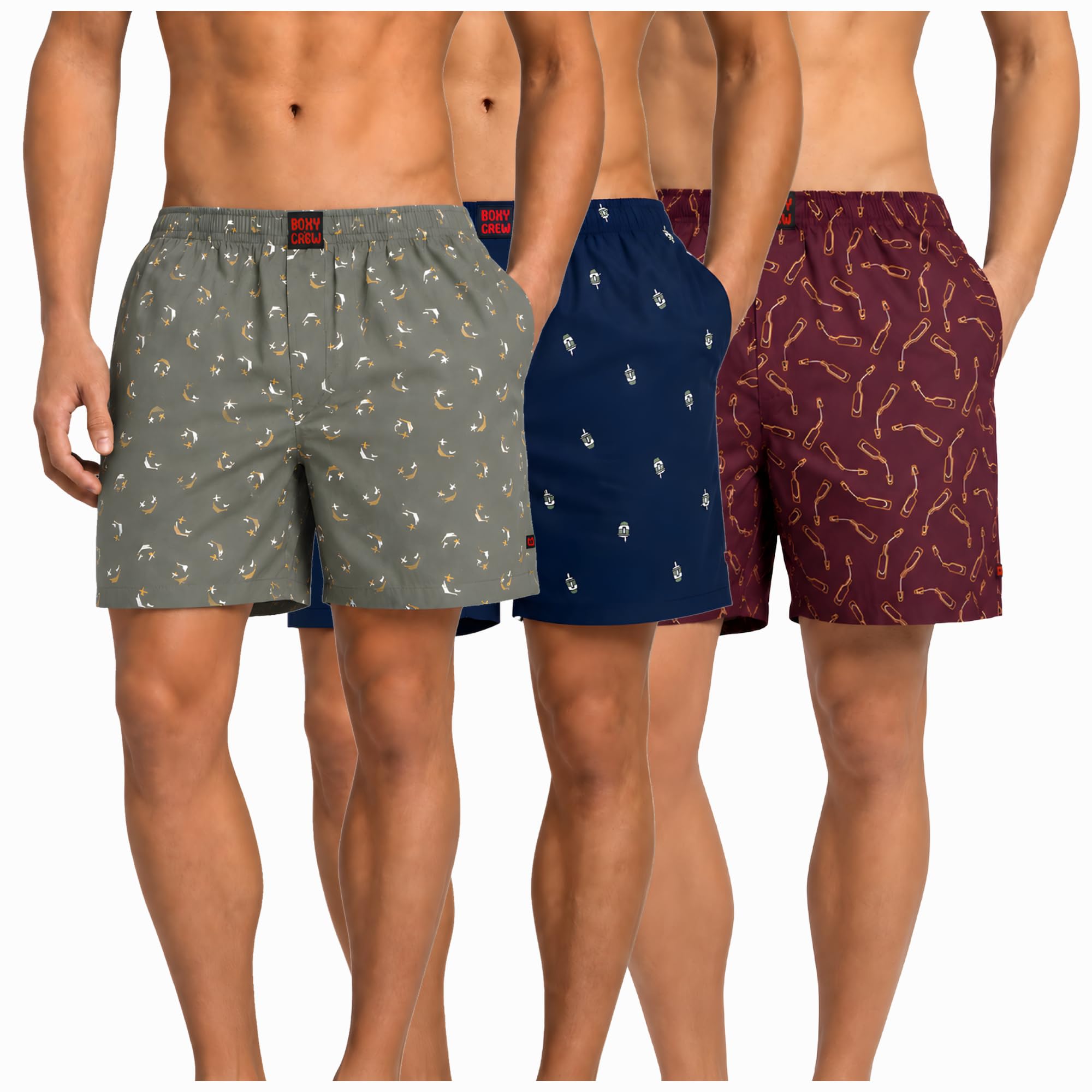 Men's 100% Cotton Boxer Shorts Pack of 3, Green, Navy Blue & Maroon | Woven Boxers with Side Pockets, No-Marks Elastic Waistband, Breathable Relaxed Fit | Style 008-011-014-image-38