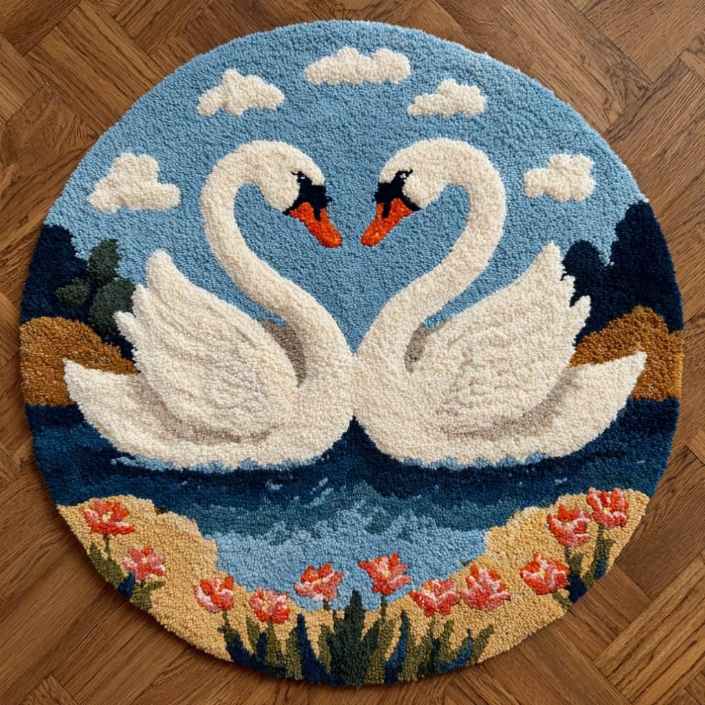 kitphoenix Round DIY Latch Hook Rug Kits Swan 20X20Inch (50X50Cm) Easy for Beginners Round Carpet Crochet Yarn Craft Large Rug Hook and Latch Tapestry for Home Decor