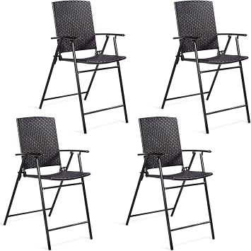 Casart Folding Wicker Rattan Bar Chairs Set of 4, Tall Stool with Back, Steel Frame, Armrests and Footrest, Bar Stools Garden Patio Furniture Set
