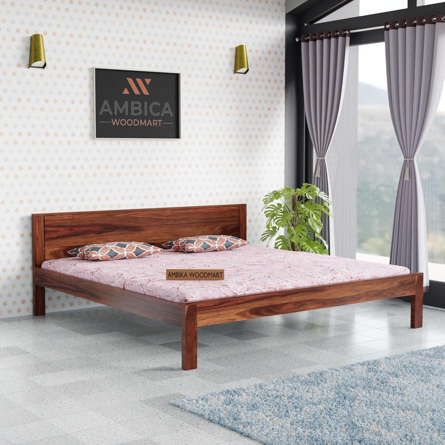 AMBICA WOODMART Sheesham Wood Bed Without Storage Solid Wooden Cot Bed Elegant and Functional Bedroom Living Room Home (Honey Finish, Queen)