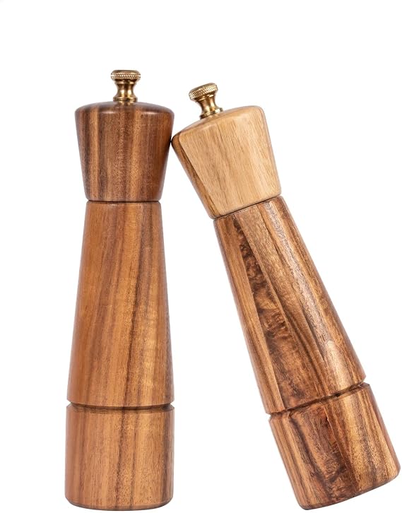 Salt and Pepper Mill Set with Tray, Adjustable Ceramic Grinder Salt Mill, Stainless Steel Grinder Pepper Mill, Acacia Wood, 22 cm/ 8 Inch Height, Bottom Dia 5.5 cm (Tray is Included)