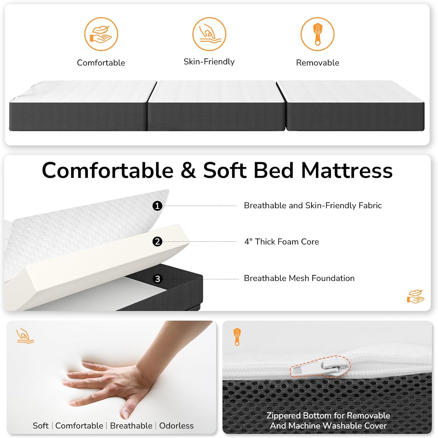 DICTAC Folding Bed with Mattress, 75x32 Cot Size Frame, Portable Rollaway Guest Bed with Memory Foam Mattress, Converts to Sofa Ottoman, Heavy Duty Metal & Easy Fold