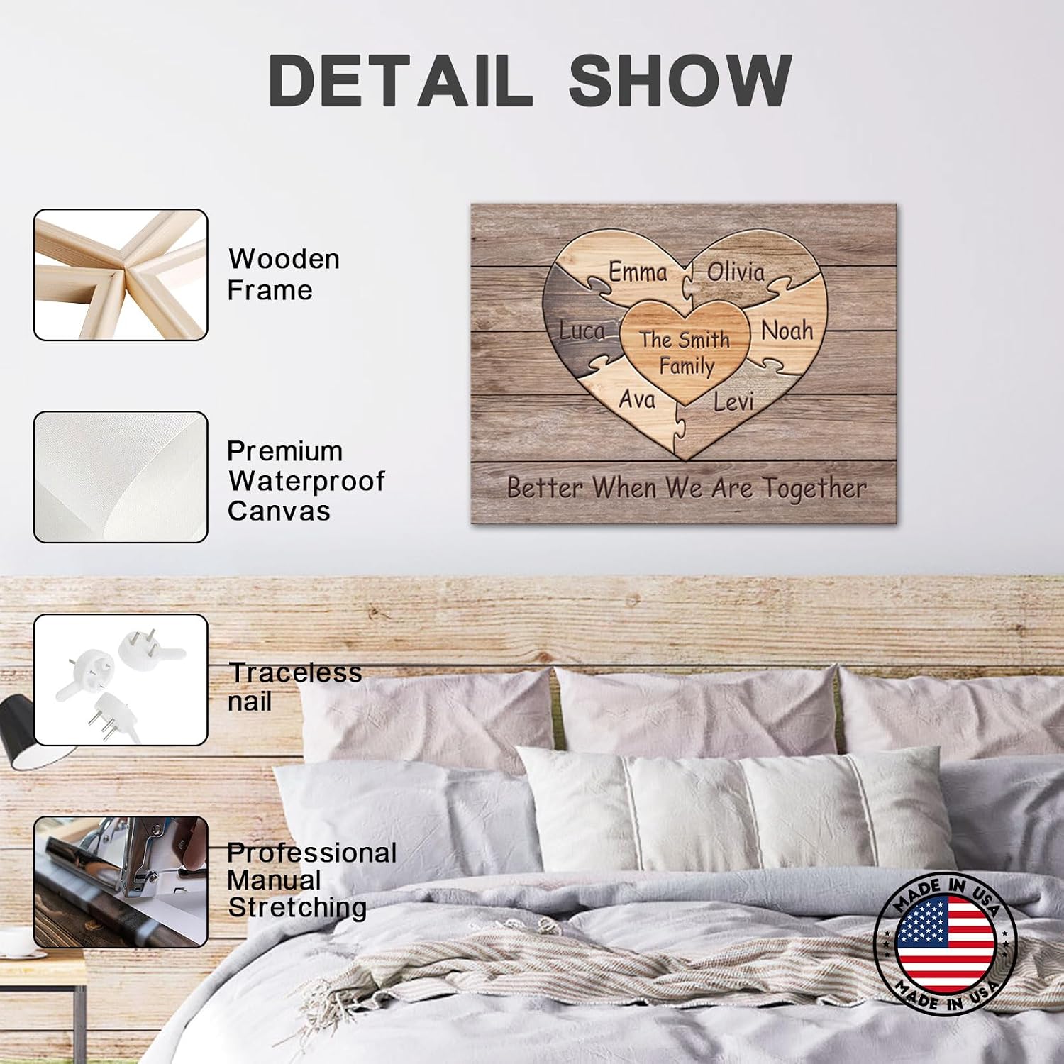 iLOOKLiKE Personalized Heart Puzzle Sign with Names Canvas Wall Art Custom Family Love Quote Poster Print Better When We Are Together Artwork Framed Rustic Home Decor Gifts for Living Room