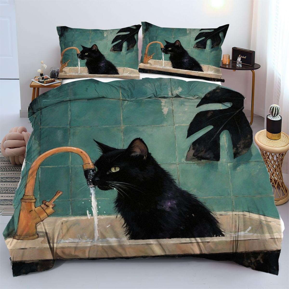 Parure de lit 240x260 cm chat noir en microfibre légère avec housse de couette adulte
