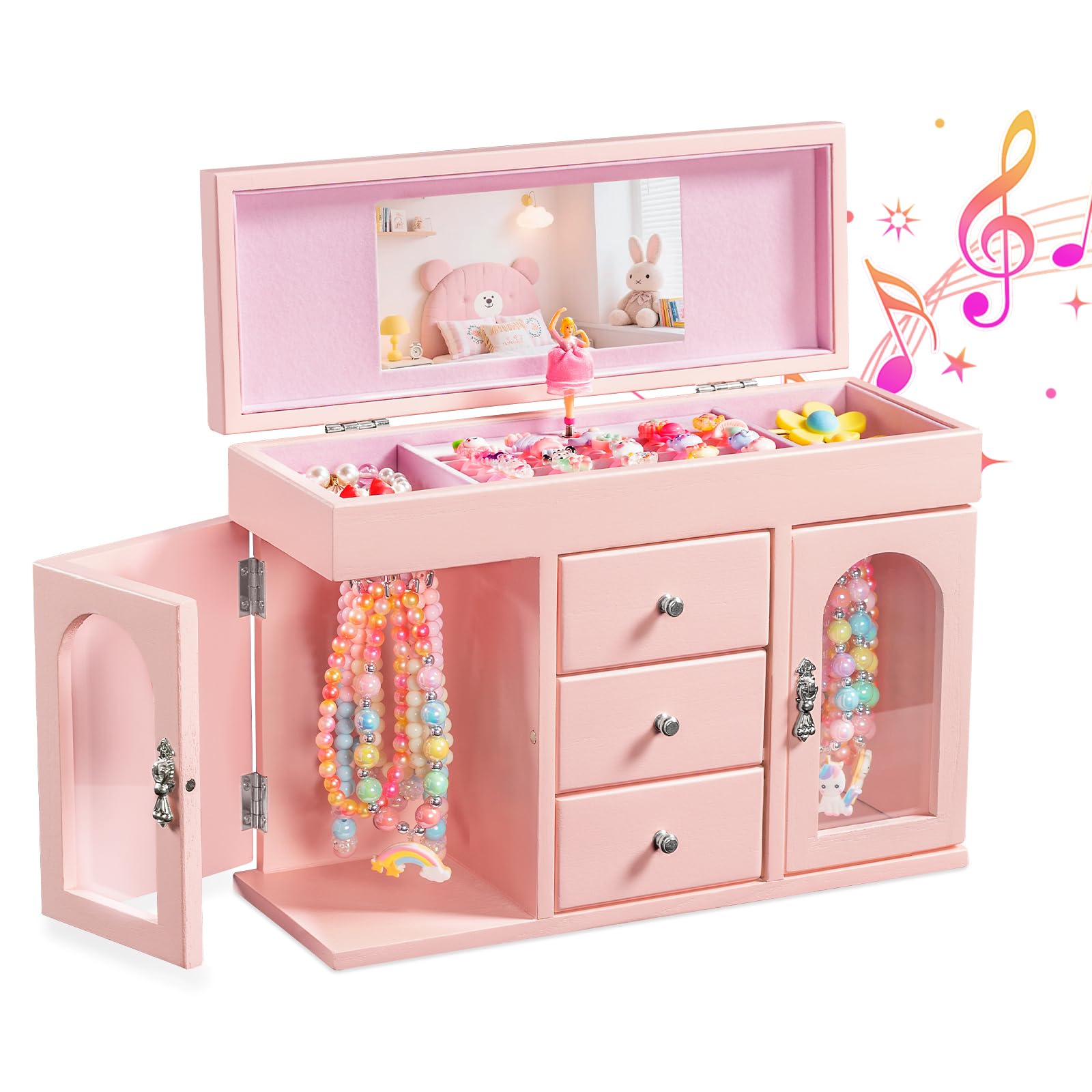 Musik-Schmuckkästchen für Mädchen aus Holz mit Ballerina & Spiegel, Schmuckaufbewahrung mit Schubladen & Seitentüren, Rosa Schmuckschatulle als Geschenk für Geburtstag & Weihnachten