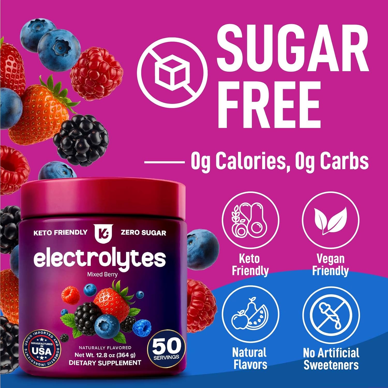 Keppi Mixed Berry Electrolytes Powder 50 Servings – Sugar Free Electrolytes Drink Mix with Potassium, Magnesium & Sodium – Keto Hydration Electrolytes – Fasting-Friendly, Low-Calorie