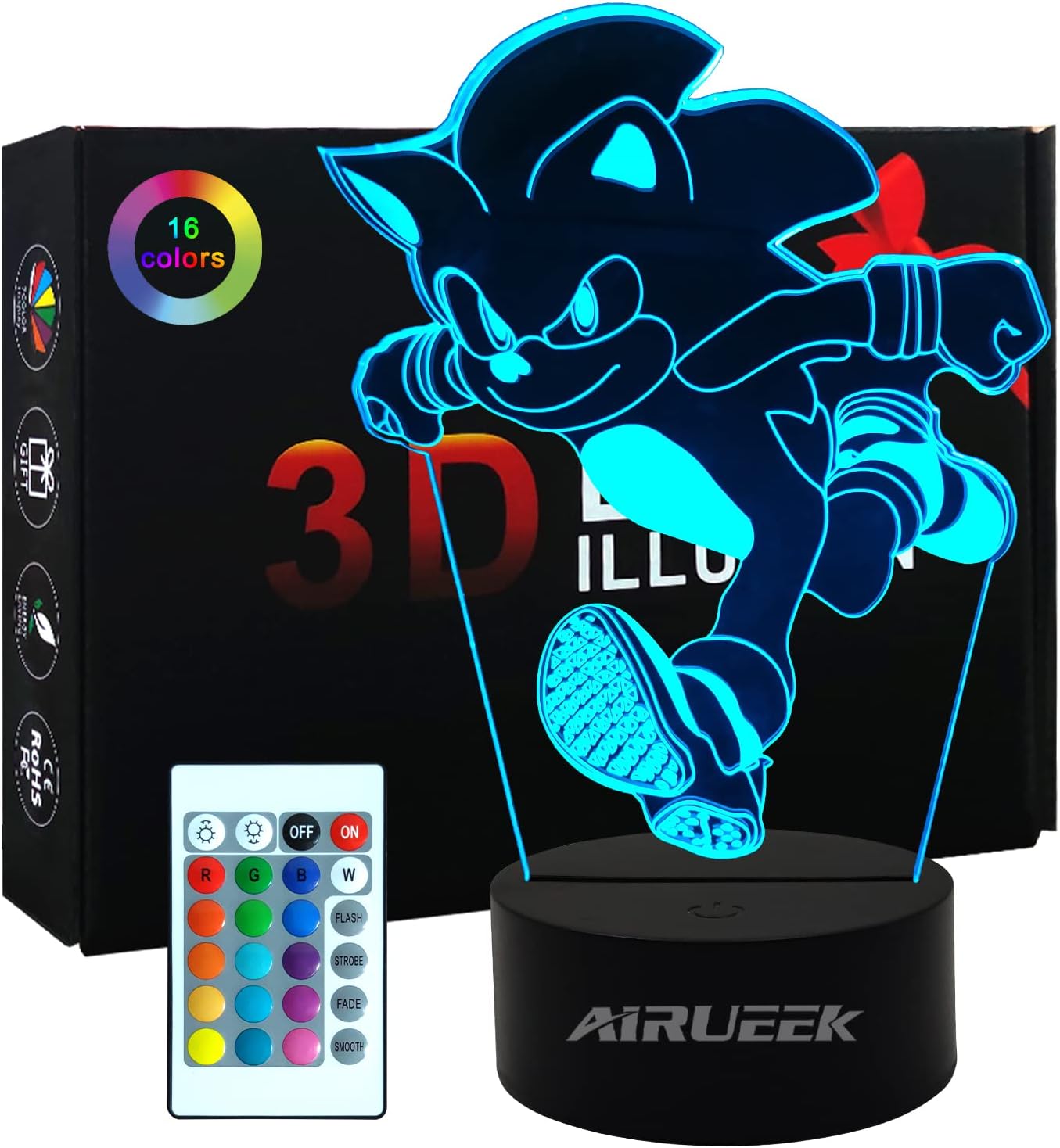 BPA AIRUEEK 3D Illusion Sonic Hedgehog Night Light, Anime Table Lamp with Remote Control Kids Bedroom Decoration, Creative Lighting for Kids and Sonic Hedgehog Fans