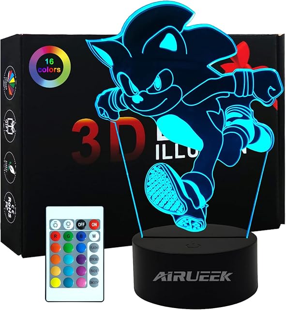 AIRUEEK Sonic Toys Night Light 3D Illusion Lamp-16 Color Variations/1 Remote/1 Black Base/-Bedroom Decoration Creative Anime Sonic Hedgehog Gifts for Women Kids Boys Sonic Fans