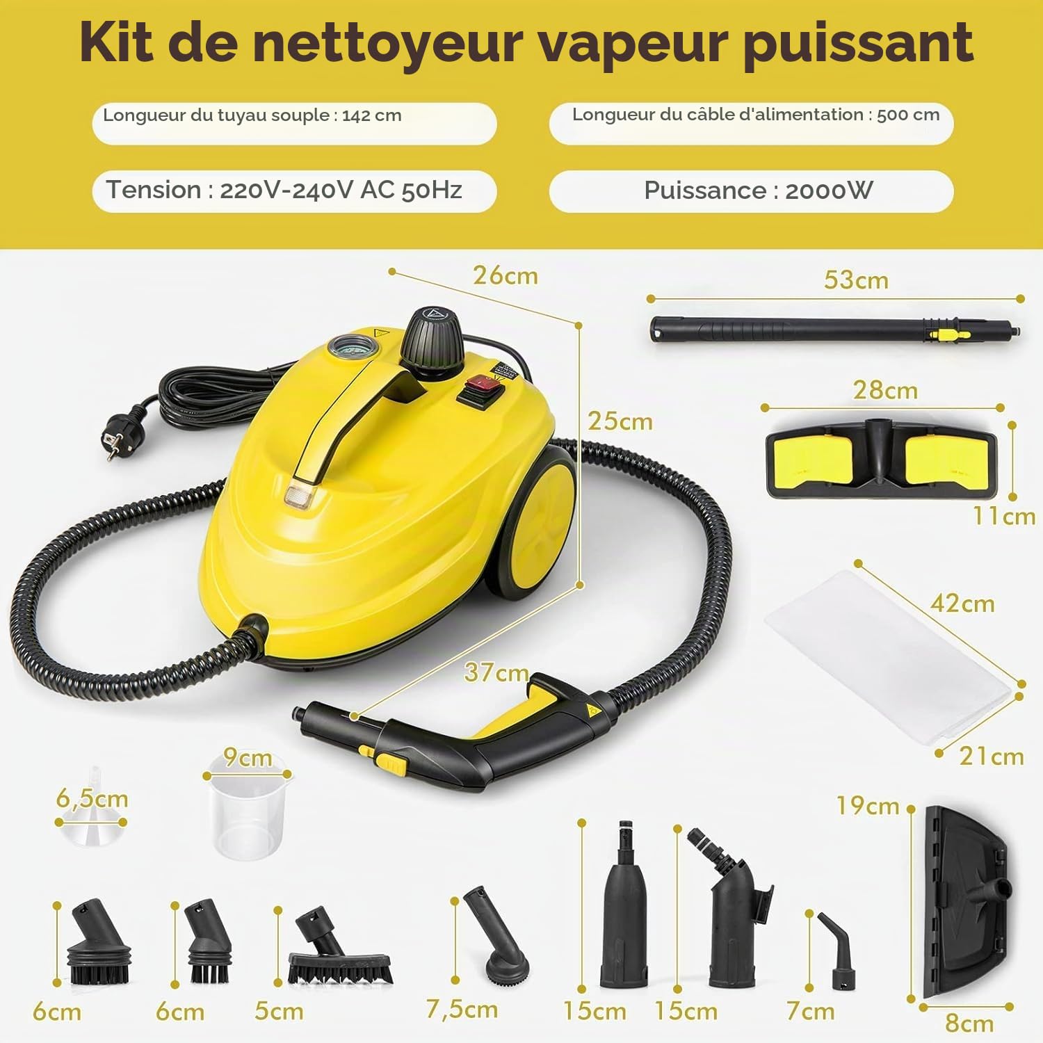 FANTASK Nettoyeur vapeur 2000 W avec 13 accessoires - Pression vapeur : max 5 bars - Température : jusqu'à 160 °C - Puissance de surface : 108 m² - Réservoir : 1,8 l