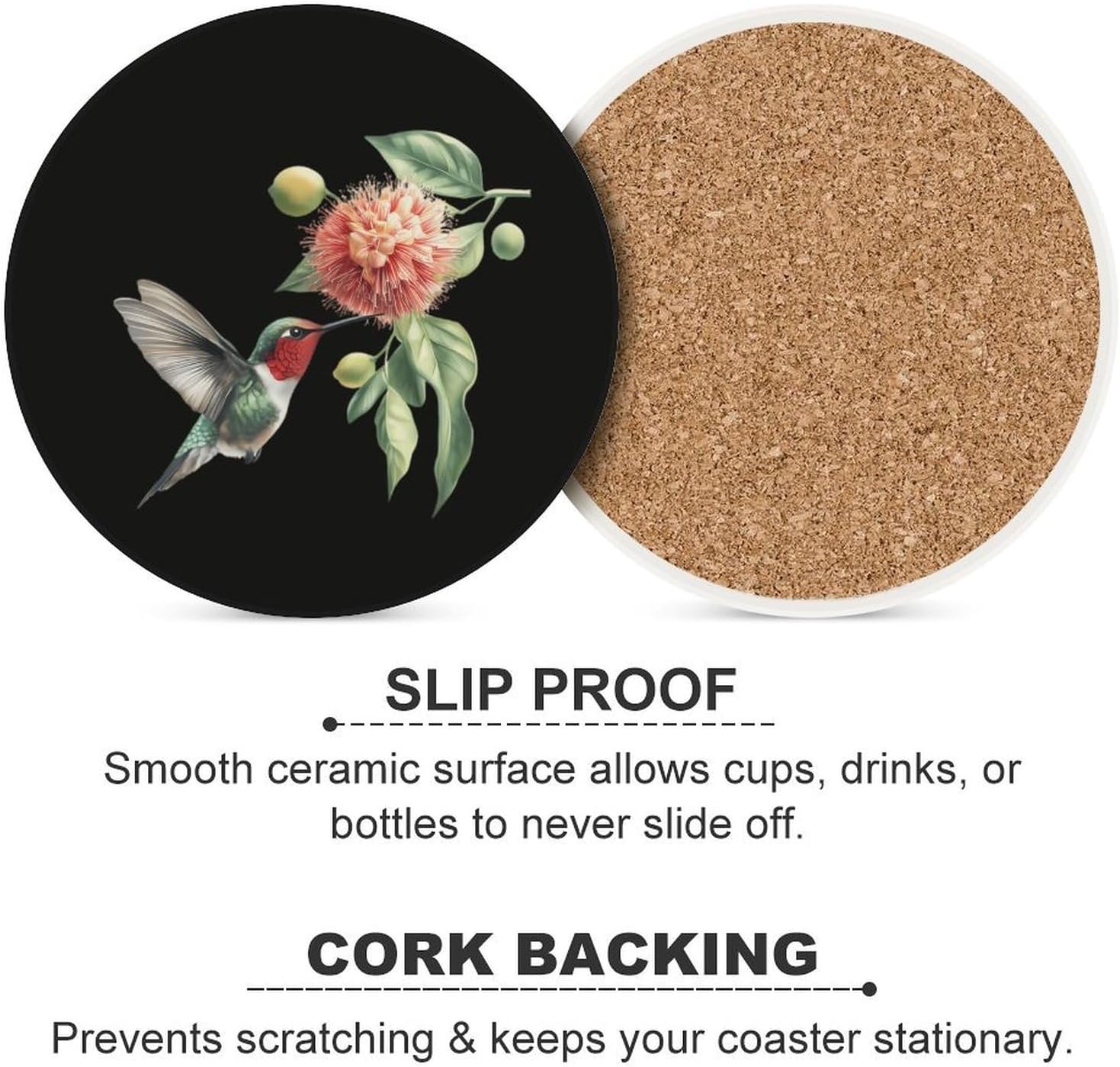 Hummingbird Round Ceramic Coasters Print Drinks Absorbent with Cork Base for Home Decor Gifts 4 Inch