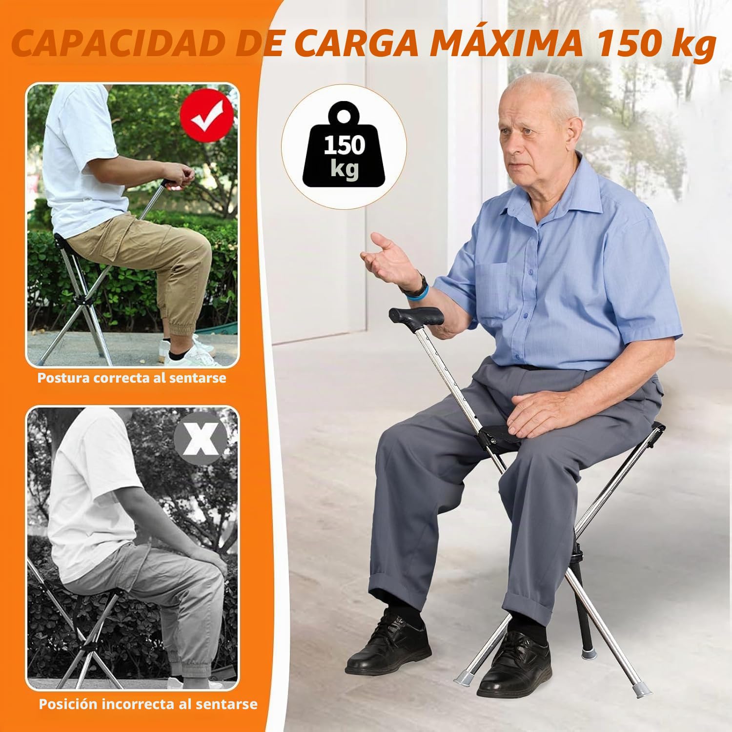 Walking Stick with Seat, 2 in 1 Foldable Walking Cane with Seat, Adjustable Height Walking Stick Chair with Non-Slip Handle for Travel Hiking, Seniors & Adults