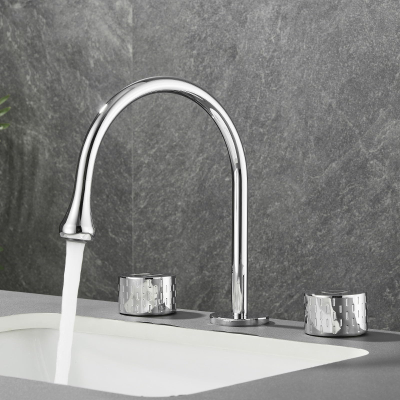 Robinet d'évier à bec pivotant 360° et double commande pour lavabo 3 trous