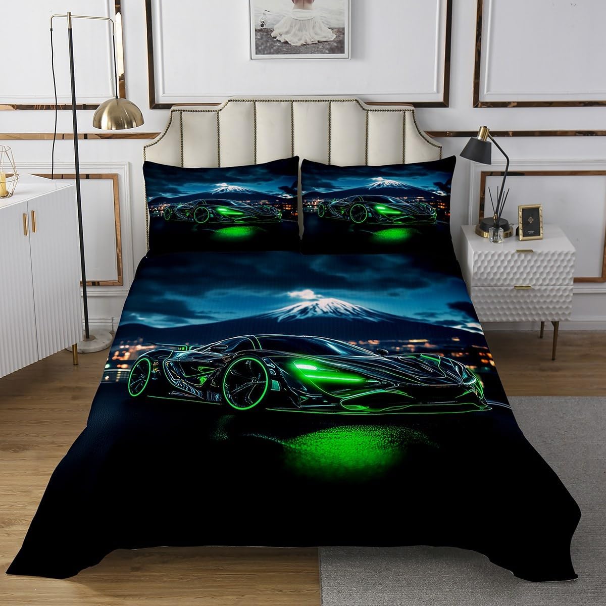 Erosebridal Green Race Car Bedspread Set Twin Size for Boys,3D Emerald Green Racing Car Coverlet Set for Kids Teen,Cool Speed Cars Bed Sets for Men Adults Extreme Sports Gaming Decor