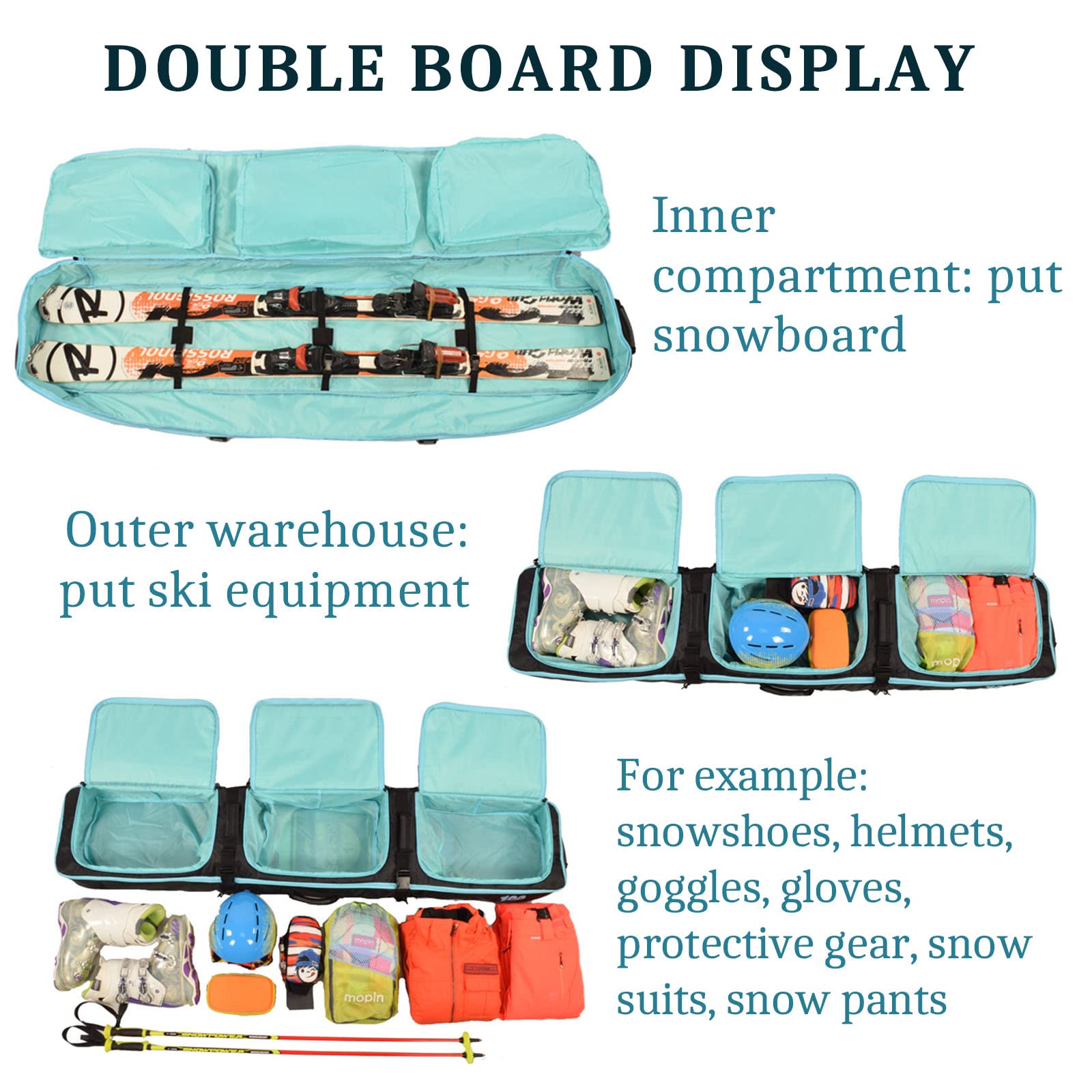 Multifunktionale, gepolsterte Skireise-, Kletter-, Campingtasche mit Rad/ohne Rad, Einzel-Doppel-Snowboardtasche mit 3 Aufbewahrungsfächern, Ski-Aufbewahrungstasche, herv
