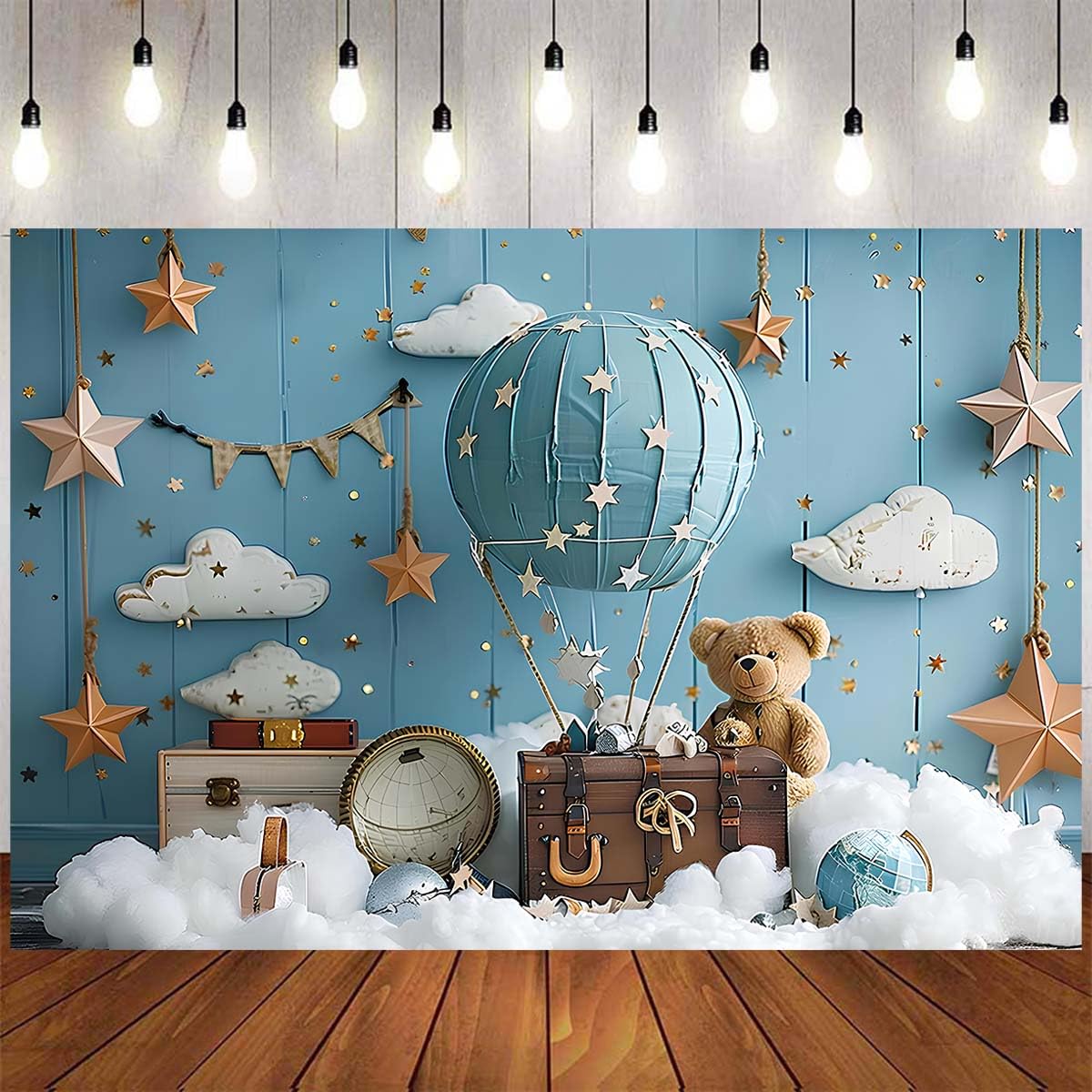 Hot Air Balloon Bear Baby Shower Photography Background Blue Wall Cloud Star Baby Shower Decoration Backdrop Baby Boys One 1st Birthday Backdrop