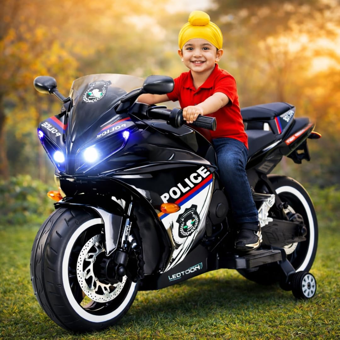 LITTLE PUP 12V Battery Operated Ride on Bike for Kids of Age 2.5 to 8 Years- Electric Rechargeable Kids Bike with Hand Race, Music,Led Lights - Black-image-41