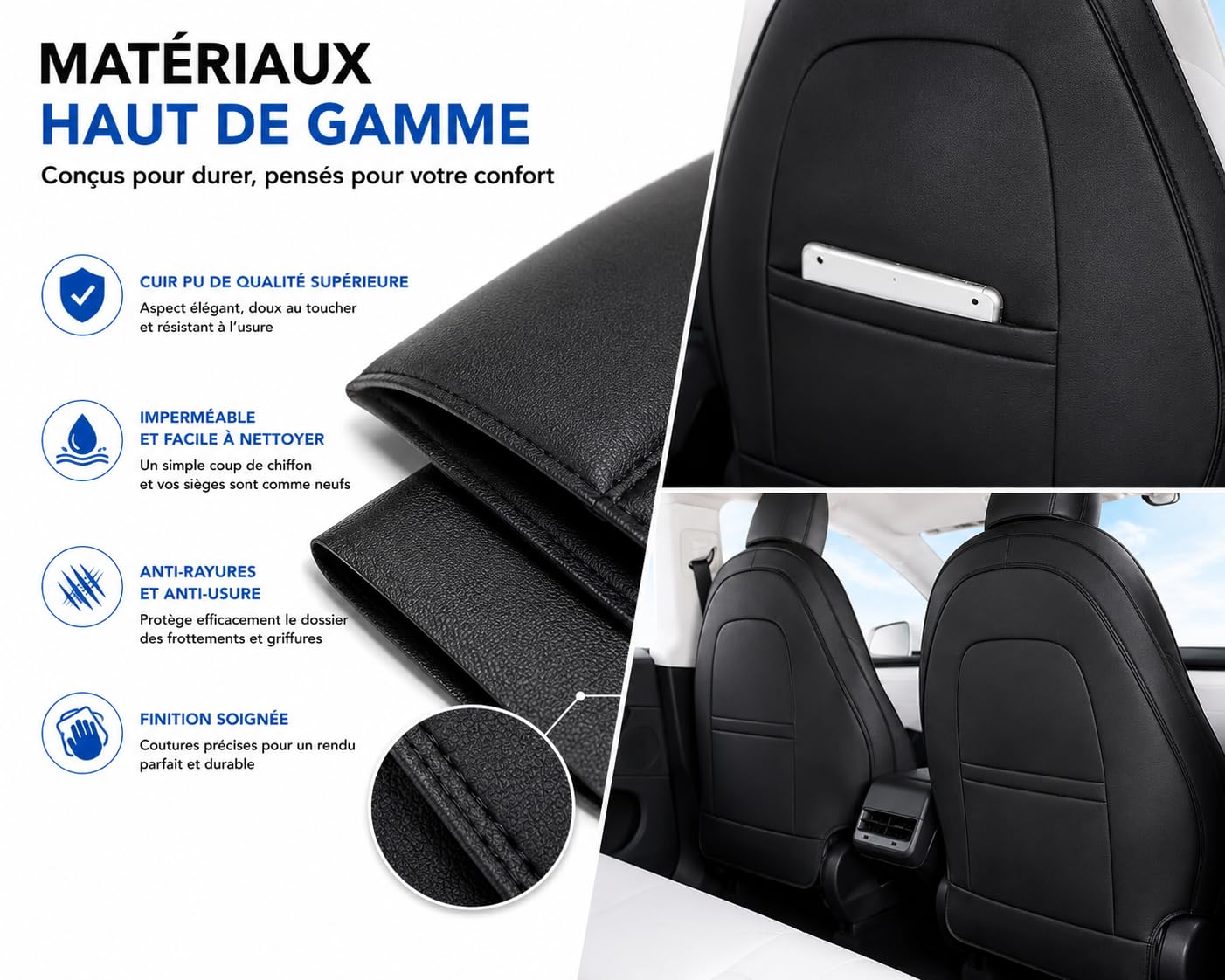 Générique Lot de 2 Housses en Cuir de Protection Dossier de siège Avant Compatible Tesla Model Y et 3 (Noir)