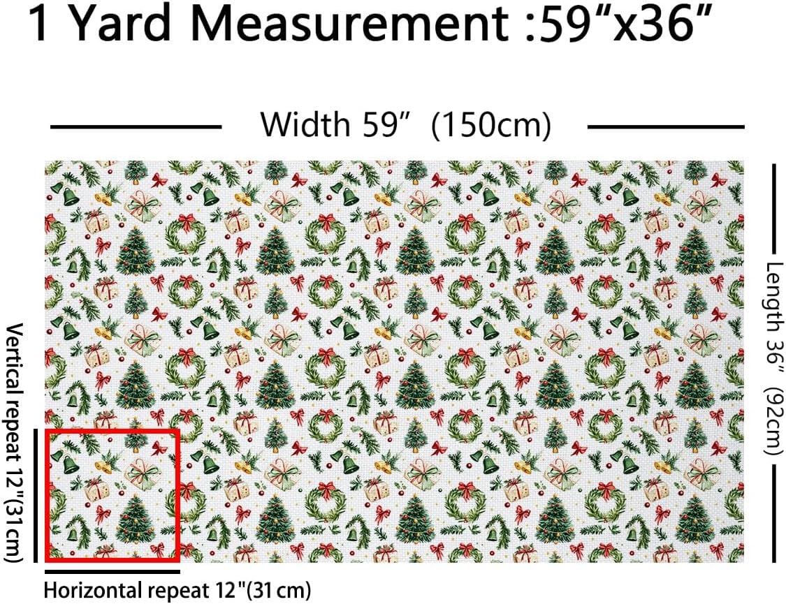 Merry Christmas Fabric by The Yard Cartoon Cute Xmas Pine Trees Fabric for Kids Sewing Supplies Retro Red Bowknot Jingle Bell Rustic Style Fabric for Room Decor and DIY Upholstery 2 Yards,72"L x 59"W
