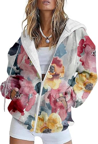 ZOCANIA Zipper Hoodies for Women Graphic Zip Up Hoodie Long Sleeve Sweatshirts Floral Y2k Jackets Fall Outfits with Pockets