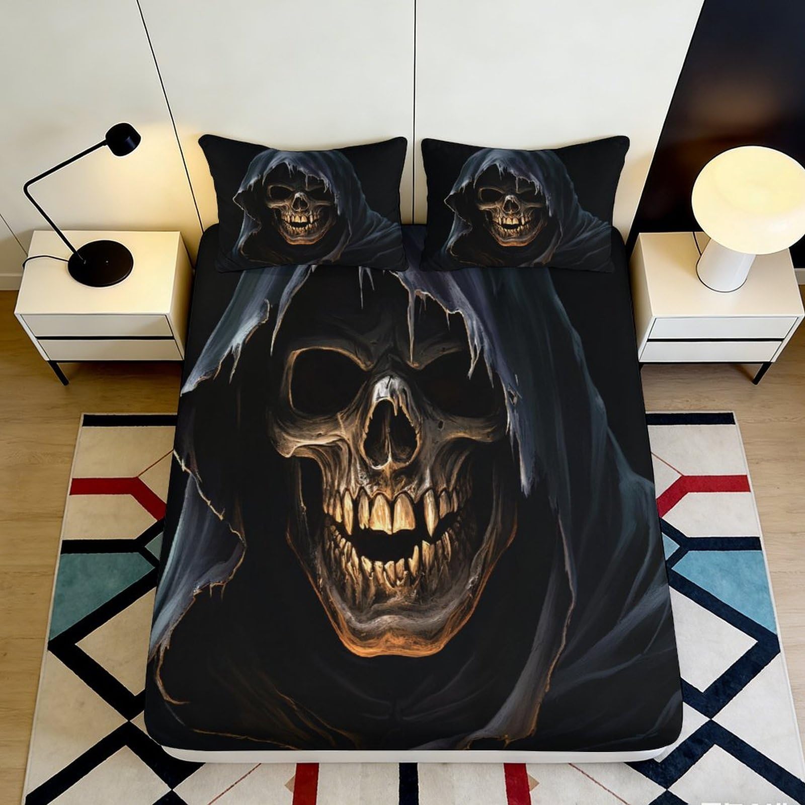 3D Printed Grim Reaper Fitted Sheet Microfiber Skull Bed Cover for Bedroom Dorm Mattress Protection Decor 90x200x25cm