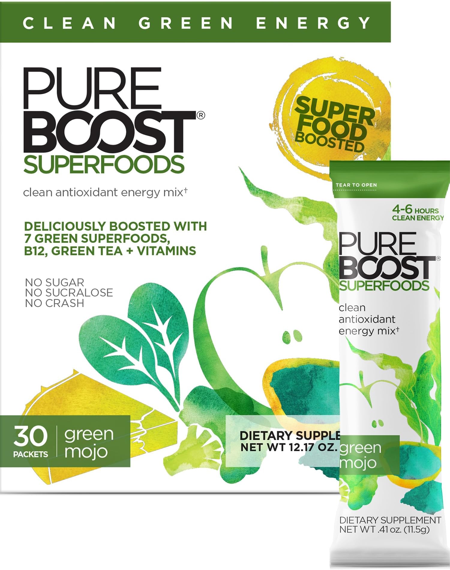 Pureboost Superfoods Clean Energy Booster, Energy Drink Mix Powder with 7 Organic Green Superfoods; Spirulina, Kale, Broccoli and Vitamins, Green Apple, Pineapple, Mango (Green Mojo, 30 Count)