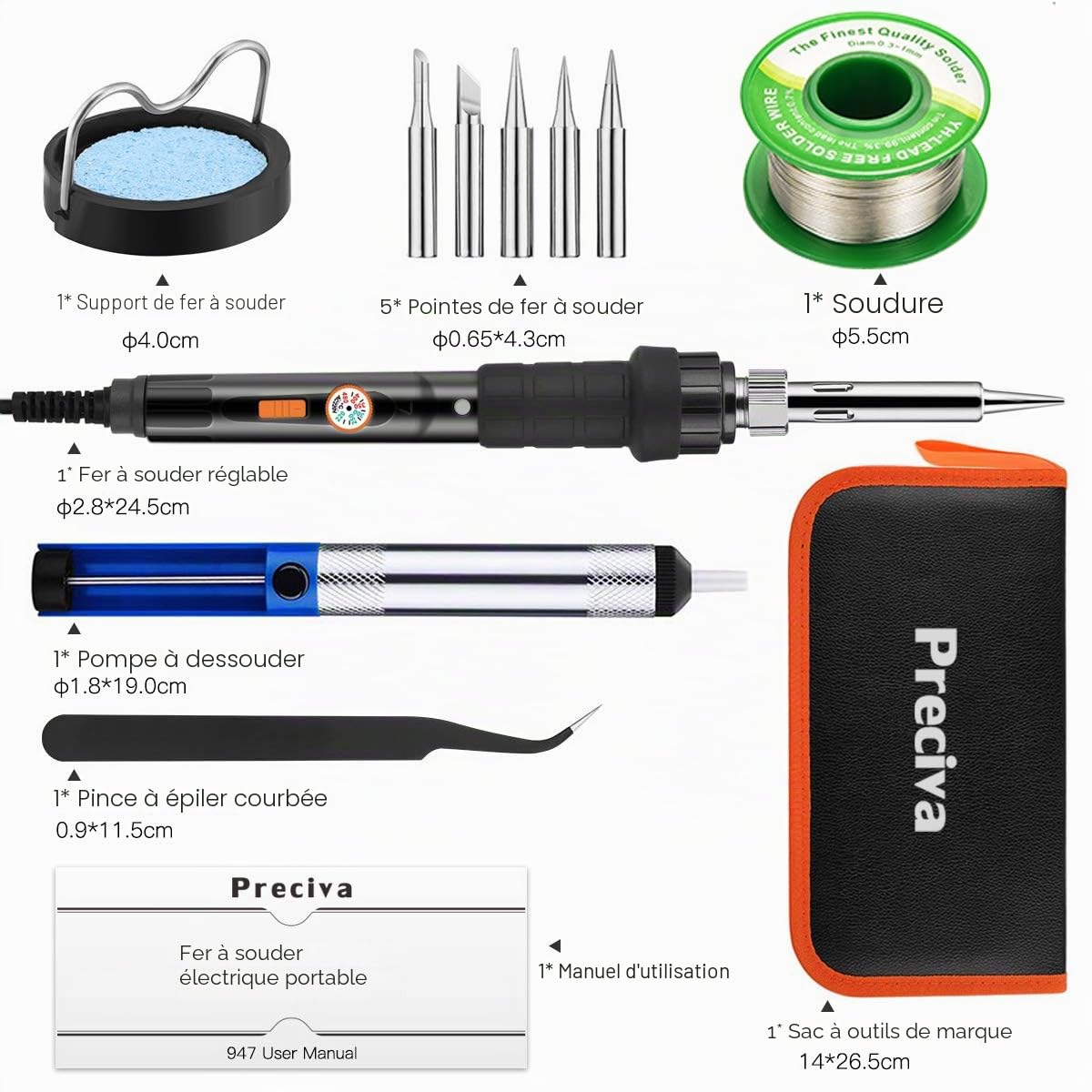 Preciva 11 in 1 Fer à Souder Set, 60W Température Réglable 220~480℃, 5 Pannes à Souderage, 1 Pince, Barre de Soudure avec ON/OFF pour la Maintenance Electrique (Noir)