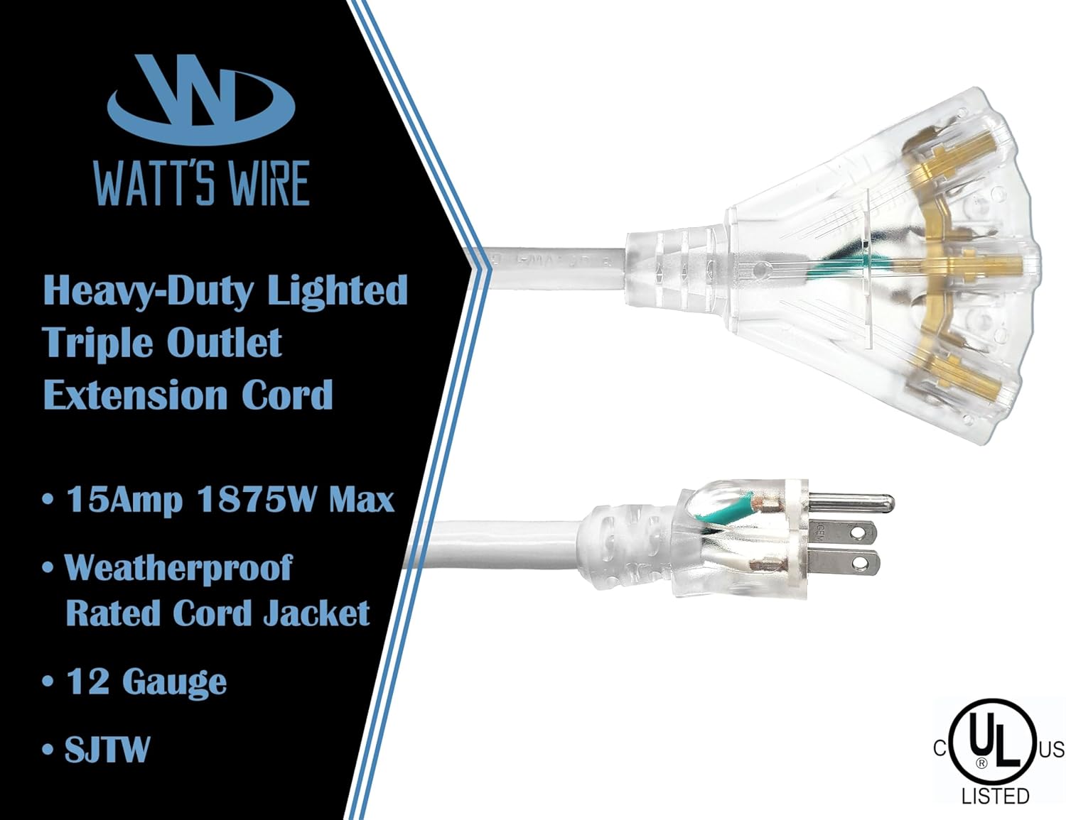 10 ft Outdoor Extension Cord Waterproof - 12 Gauge Heavy Duty Extension Cord Splitter Outdoor 10 ft - Lighted Outdoor Extension Cords with Multiple Outlets - Watts Wire - 10' Grounded