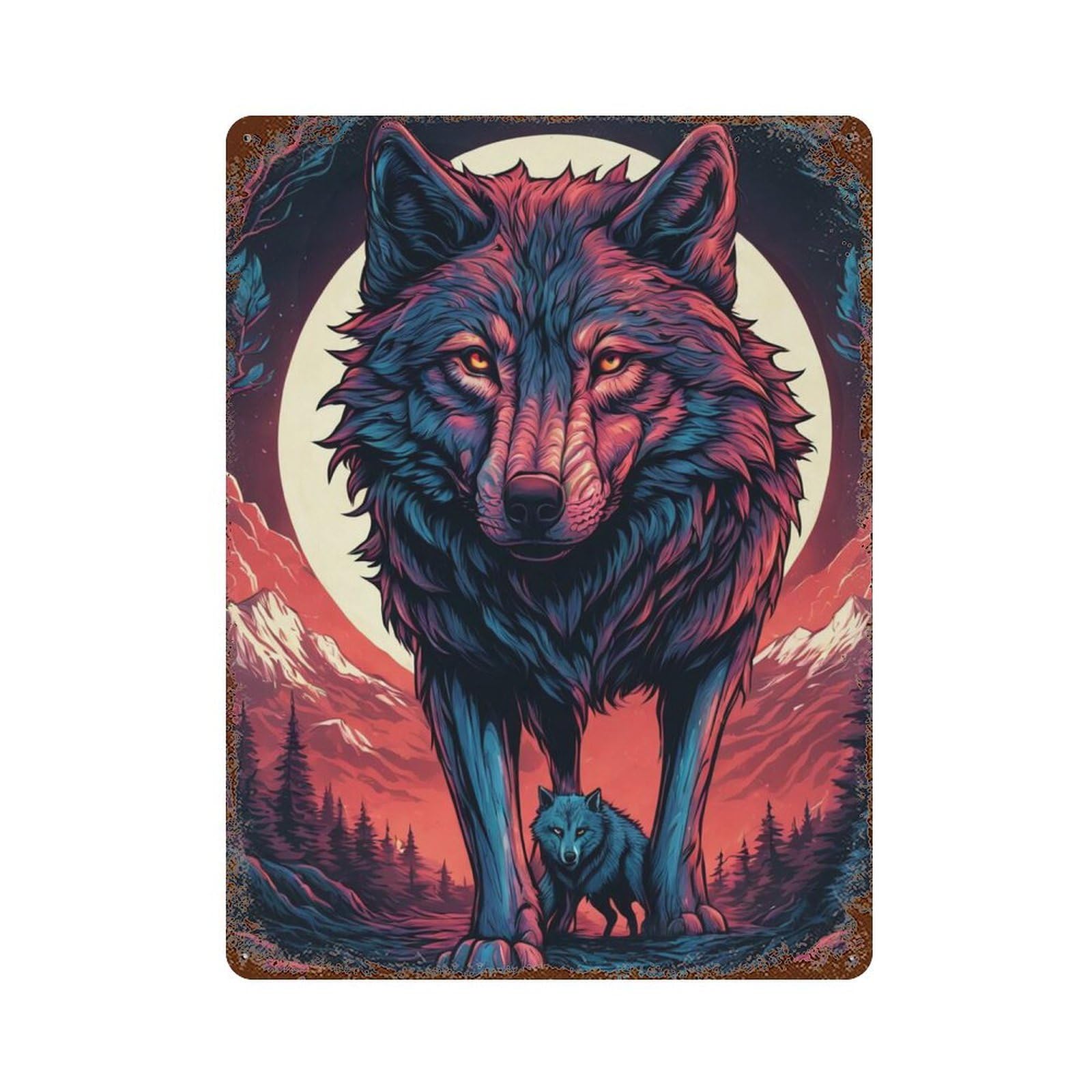 Garage Style Wolf Moonlit Wilderness Rusty Metal Tin Sign 15.7"x11.8", Decorative Metal Wall Art for Bar And Workshop