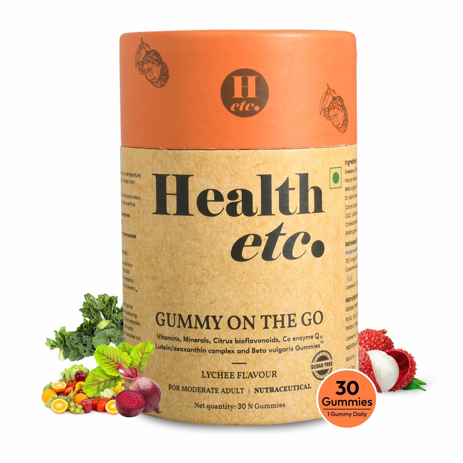 Health etc. Gummy On The Go with Vitamins, Minerals, Coenzyme Q10, Lutein and Beta Vulgaris | Support Immunity & Overall Health | Vegan, Sugar Free, Gelatin Free | Natural Lychee Flavour | 30 Gummies