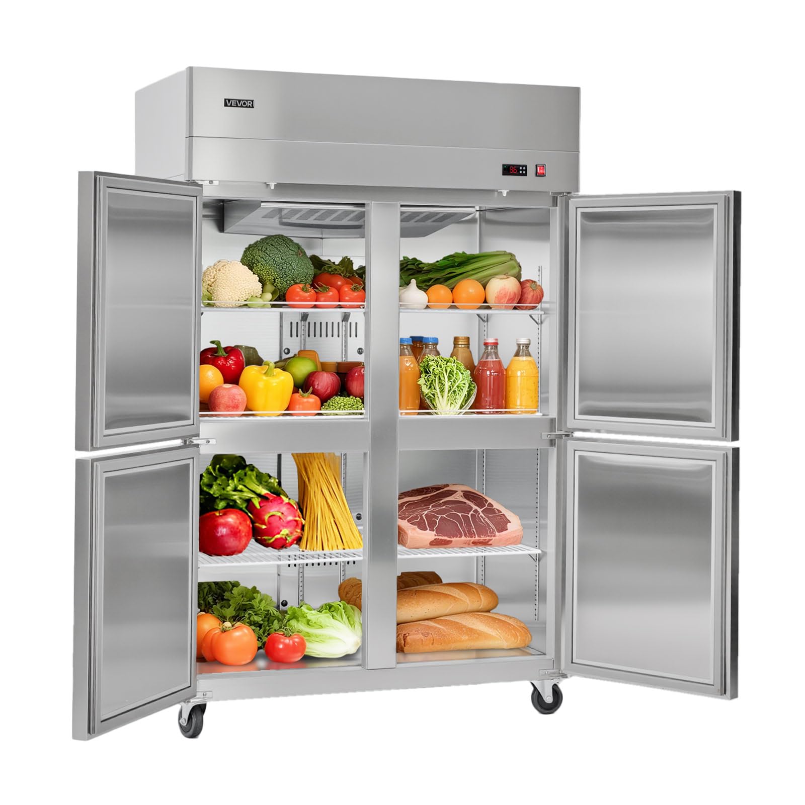 VEVOR Commercial Reach-In Refrigerator 48" W, 32 Cu.Ft Stainless Steel Upright Refrigerator with 4 Doors, Auto-Defrost, 6 Adjustable Shelves, 32 to 50℉ Temp Control, UL Certified