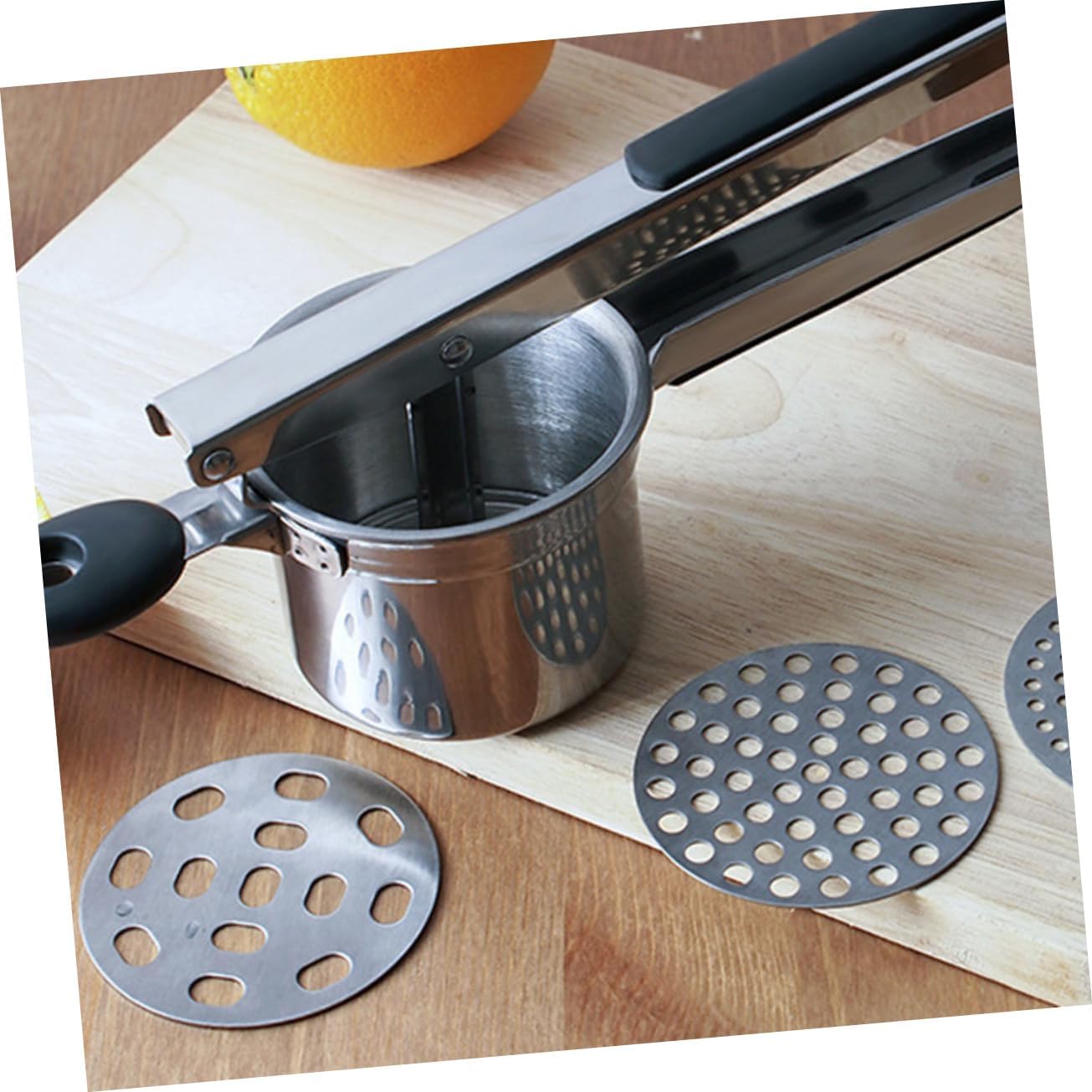 LABRIMP Non- Silicone Handle Potato Tool Food Pressing Device Interchangeable Disks for Pureeing Vegetables and Fruits for Making Smooth Potatoes