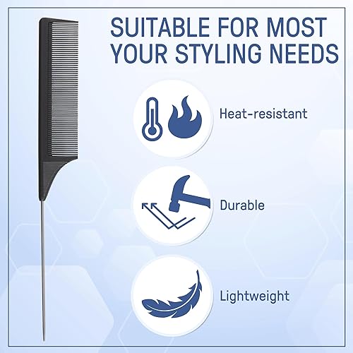 Miniatura 5 de Paquete de 4 peines de cola de rata de fibra de carbono, fibra de carbono, acero inoxidable, resistentes al calor, juego de peines para trenzar,