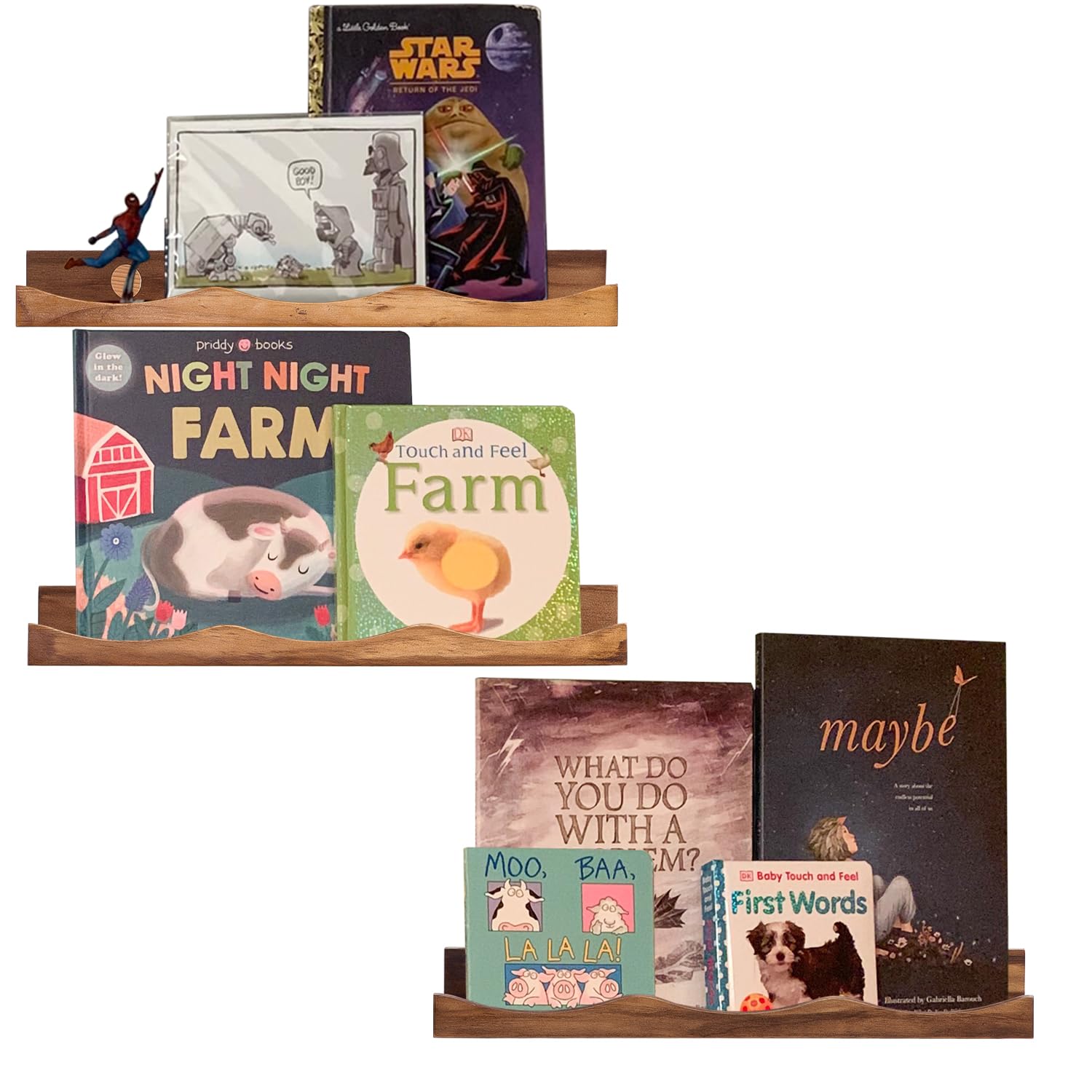 Floating Bookshelf for Kids, Floating Shelves for Wall, Cloud Picture Ledge Shelf - Walnut, 15.7 Inches, Nursery Book Shelves Set of 3, Baby Book