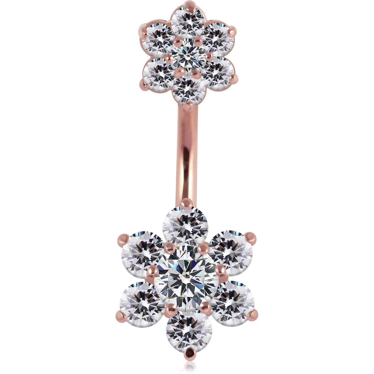 Monster Piercing Piercing Ombligo Doble Lado Plata De Ley 925 Flor Grande Y Pequeña Piedra Circonita Transparente Chapada En Oro Rosa
