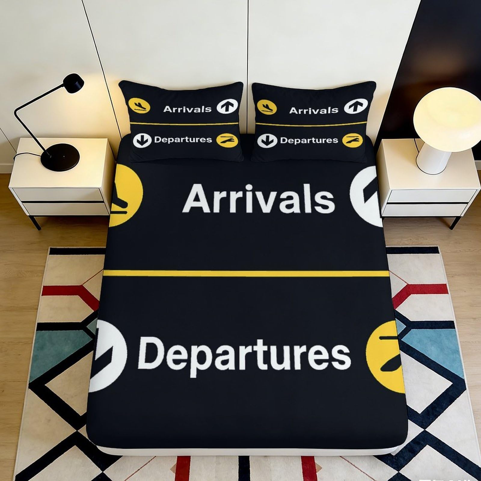 3D Printed Airport Sign Fitted Sheet Microfiber Deep Pocket Non-Slip Airport Letter Mattress Fitted Cover Washable Bedding 140x200x25cm