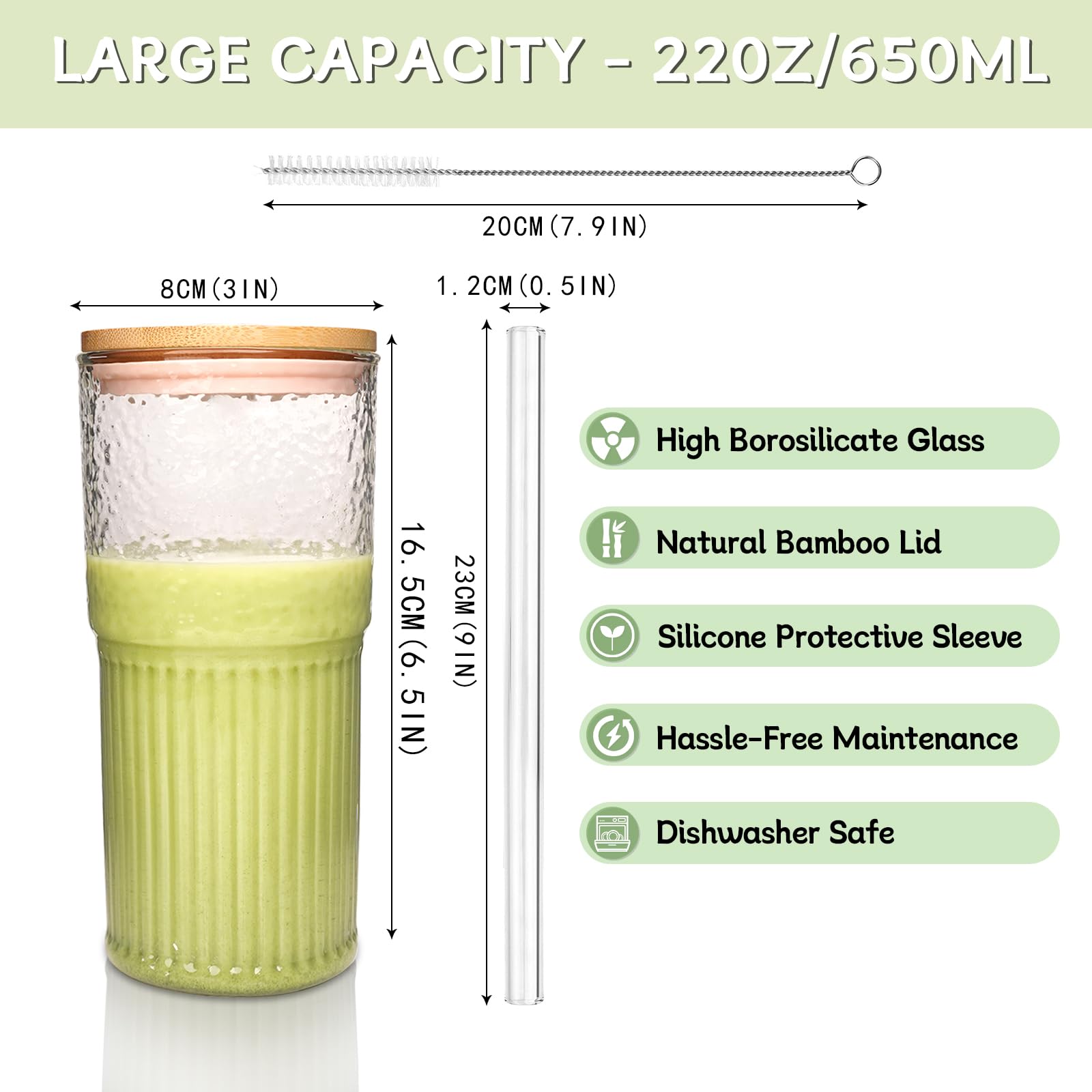 ANOTION Tasses en verre – Tasses à café glacé de 650 ml – Tasse à café glacé réutilisable – Gobelet à smoothie – Verres à eau nervurés – Pour le travail à la maison – Tasse à café de voyage – Ensemble