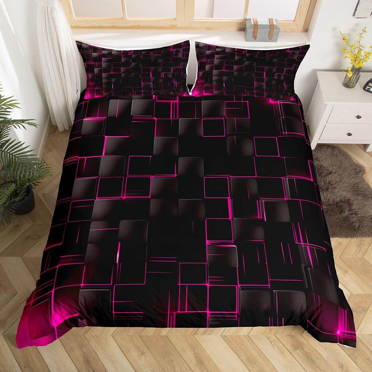 Housse de couette motif géométrique 2 pièces pour lit simple rose et noir avec taie d'oreiller